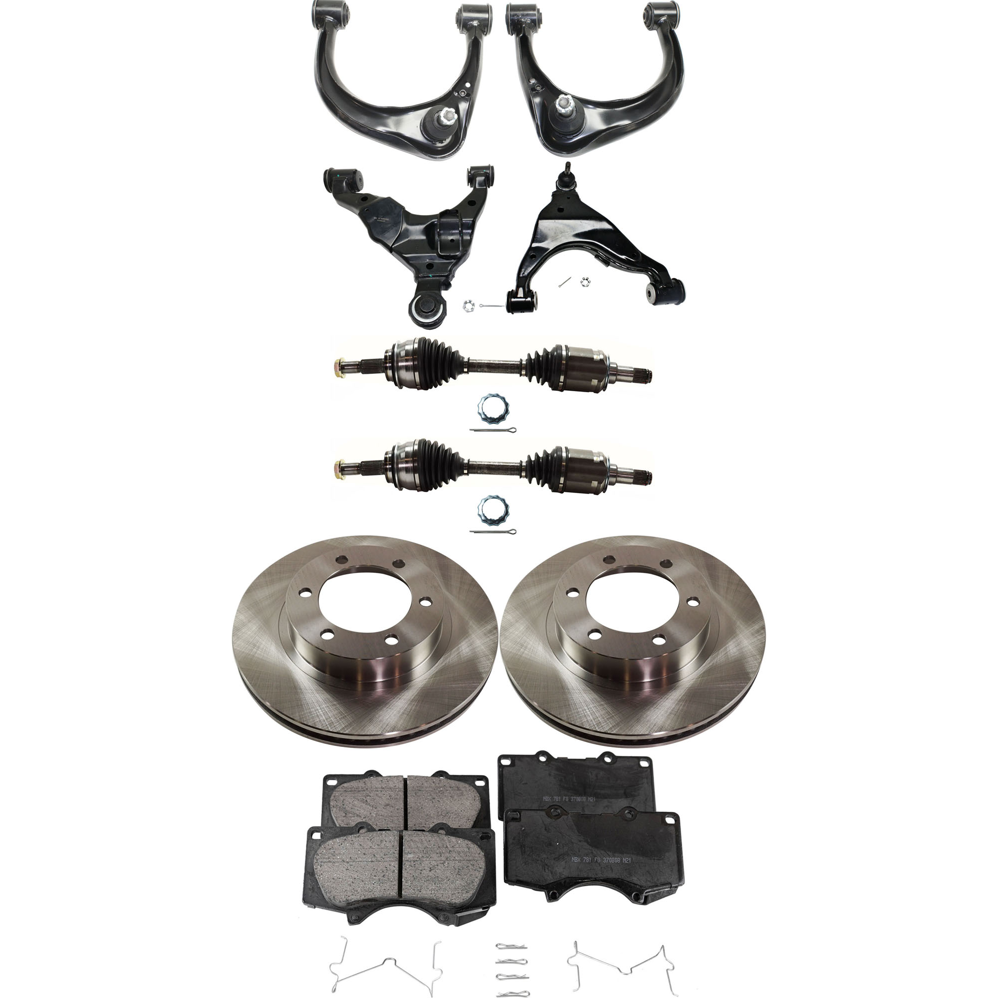 AM 4RUNNER 03-09 FJ CRUISER 07-09 FRONT CONTROL ARM KIT RH AND LH Upper and Lower 10 pc kit with Ball Joints with Axle Assemblies Brake Disc and Brake Pad Set SKU KIT 060222-409 OEM 4351235320-4351235321-04465040