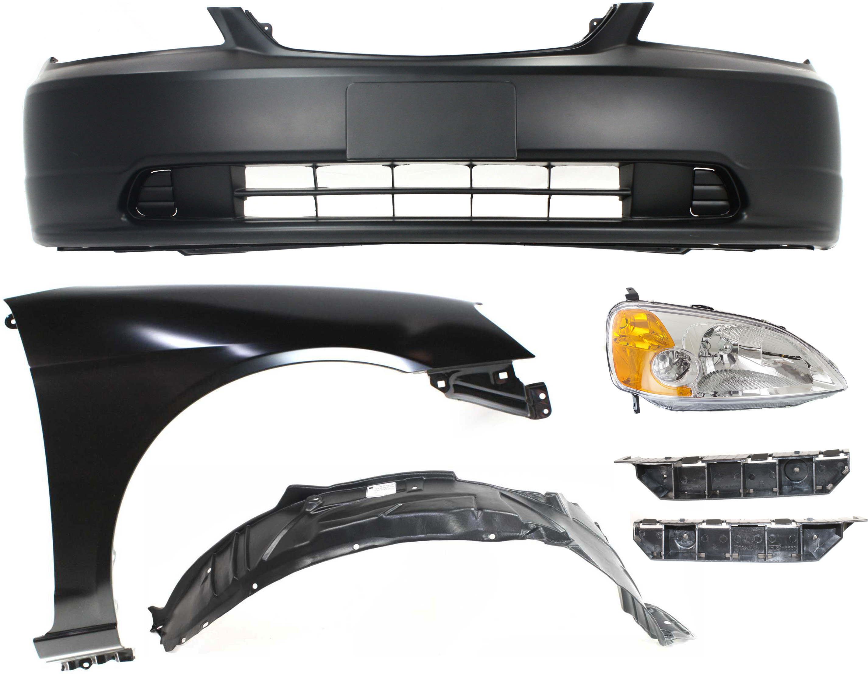 AM CIVIC 01-03 HEAD LAMP RH Lens and Housing Halogen 6 pc Kit with Bumper Brackets Bumper Cover Fender and Fender Liner SKU KIT 060317-37 Partslink HO2519102 HO1067114 HO1066114 HO1000197 HO1241153 HO1249109 OEM 33101S5PA01-71193S5A000-71198S