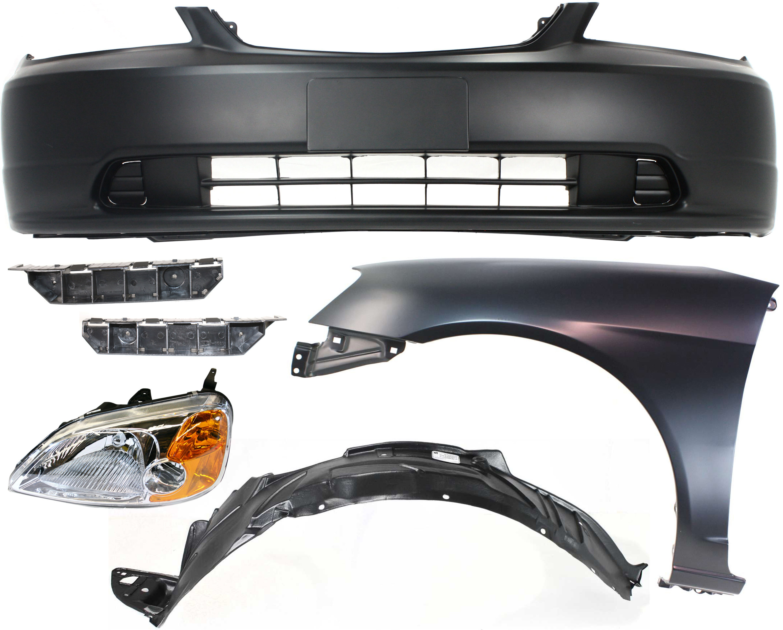 AM CIVIC 01-03 HEAD LAMP LH Lens and Housing Halogen 6 pc Kit with Bumper Brackets Bumper Cover Fender and Fender Liner SKU KIT 060317-38 Partslink HO2518102 HO1067114 HO1066114 HO1000197 HO1240153 HO1248109 OEM 33151S5PA01-71193S5A000-71198S