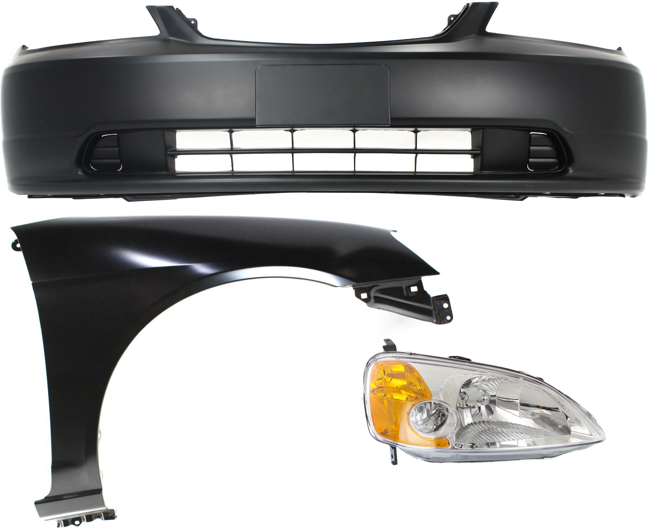 AM CIVIC 01-03 HEAD LAMP RH Lens and Housing Halogen 3 pc Kit with Bumper Cover and Fender SKU KIT 060317-39 Partslink HO2519102 HO1000197 HO1241153 OEM 33101S5PA01-04711S5PA90ZZ 6021