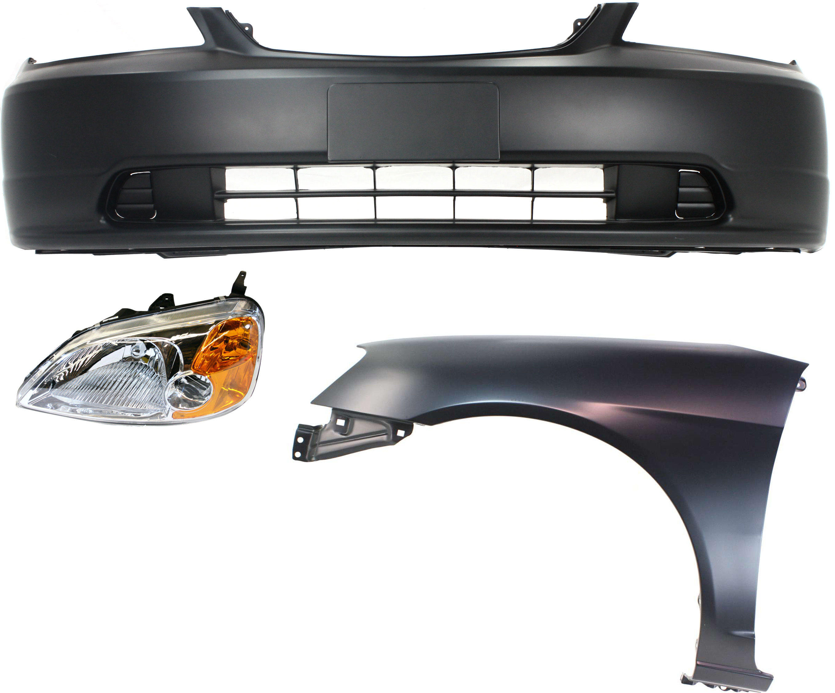 AM CIVIC 01-03 HEAD LAMP LH Lens and Housing Halogen 3 pc Kit with Bumper Cover and Fender SKU KIT 060317-40 Partslink HO2518102 HO1000197 HO1240153 OEM 33151S5PA01-04711S5PA90ZZ 6026