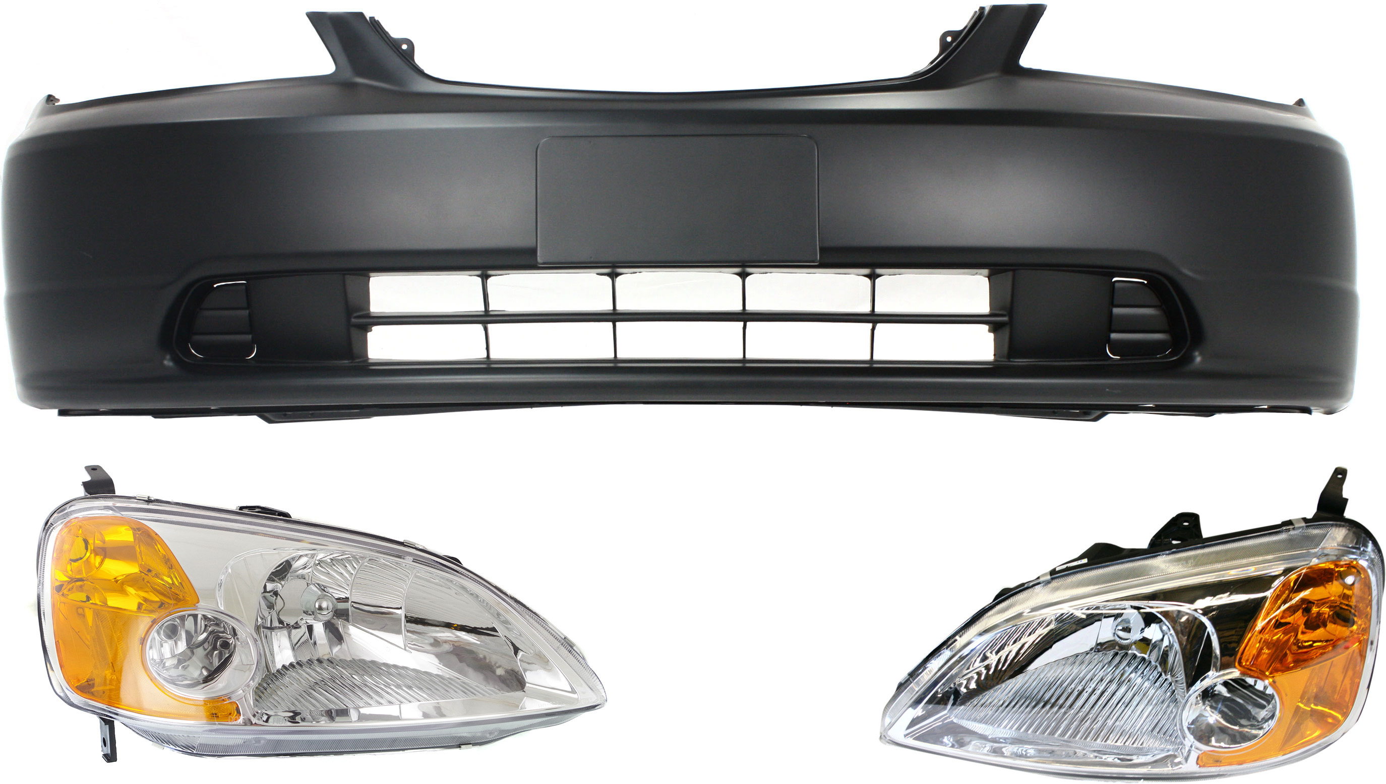 AM CIVIC 01-03 HEAD LAMP RH AND LH Lens and Housing Halogen 3 pc Kit with Bumper Cover SKU KIT 060317-43 Partslink HO2518102 HO2519102 HO1000197 OEM 33151S5PA01-33101S5PA01-04711S