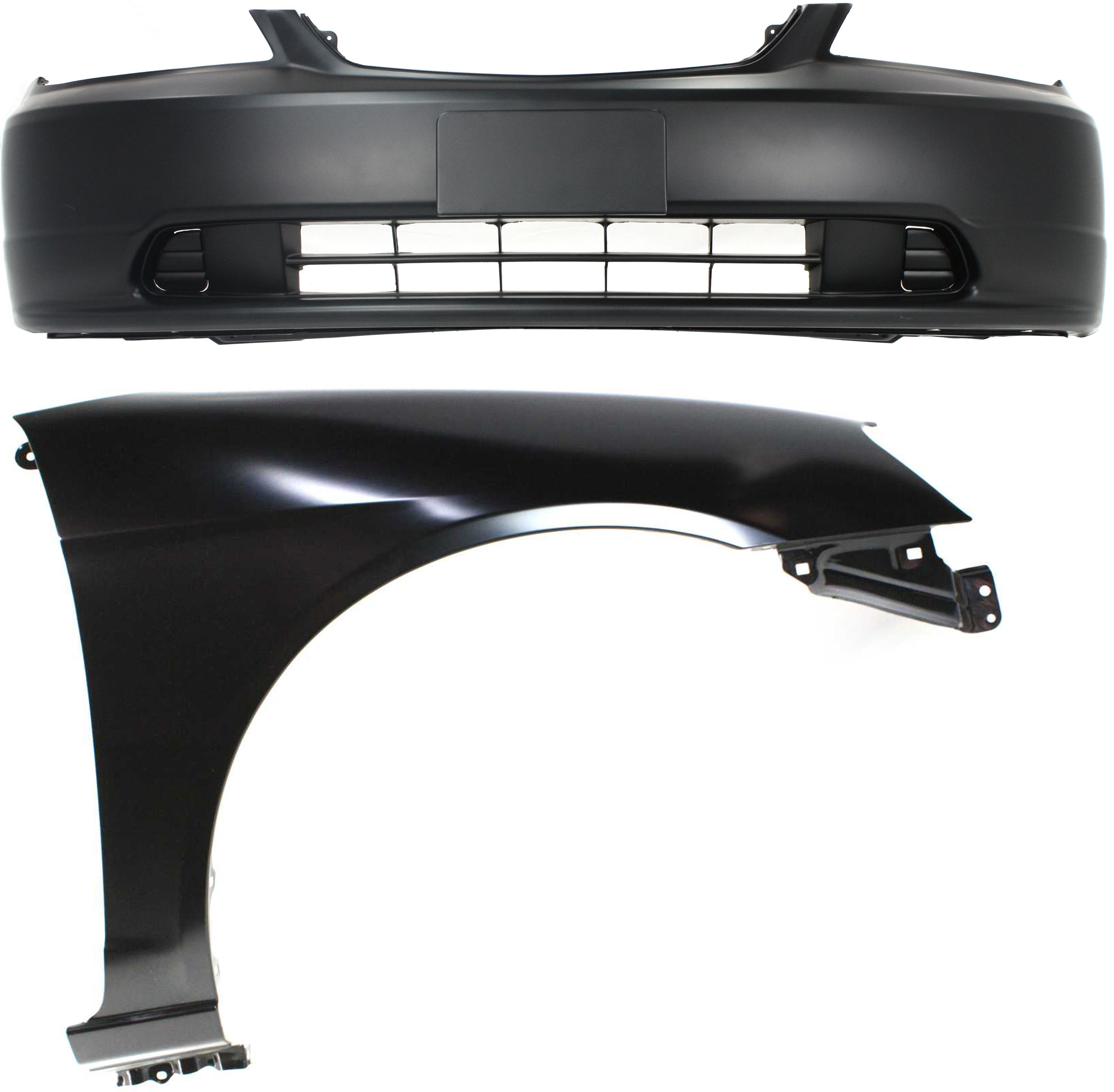 AM CIVIC 01-03 FRONT BUMPER COVER Primed 2 pc Kit with Fender Coupe Sedan SKU KIT 060317-45 Partslink HO1000197 HO1241153 OEM 04711S5PA90ZZ 60211S5DA90ZZ