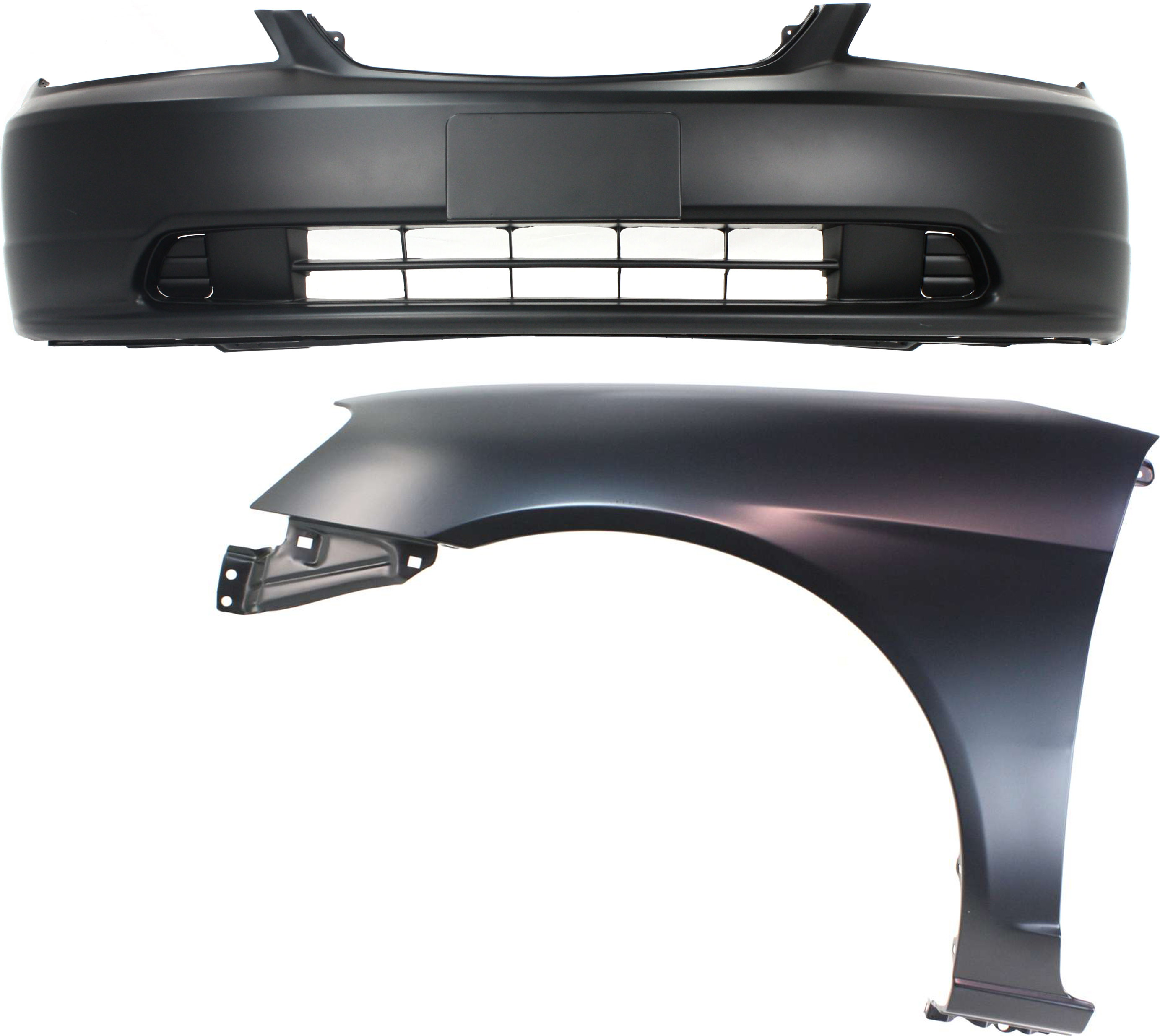 AM CIVIC 01-03 FRONT BUMPER COVER Primed 2 pc Kit with Fender Coupe Sedan SKU KIT 060317-46 Partslink HO1000197 HO1240153 OEM 04711S5PA90ZZ 60261S5DA90ZZ