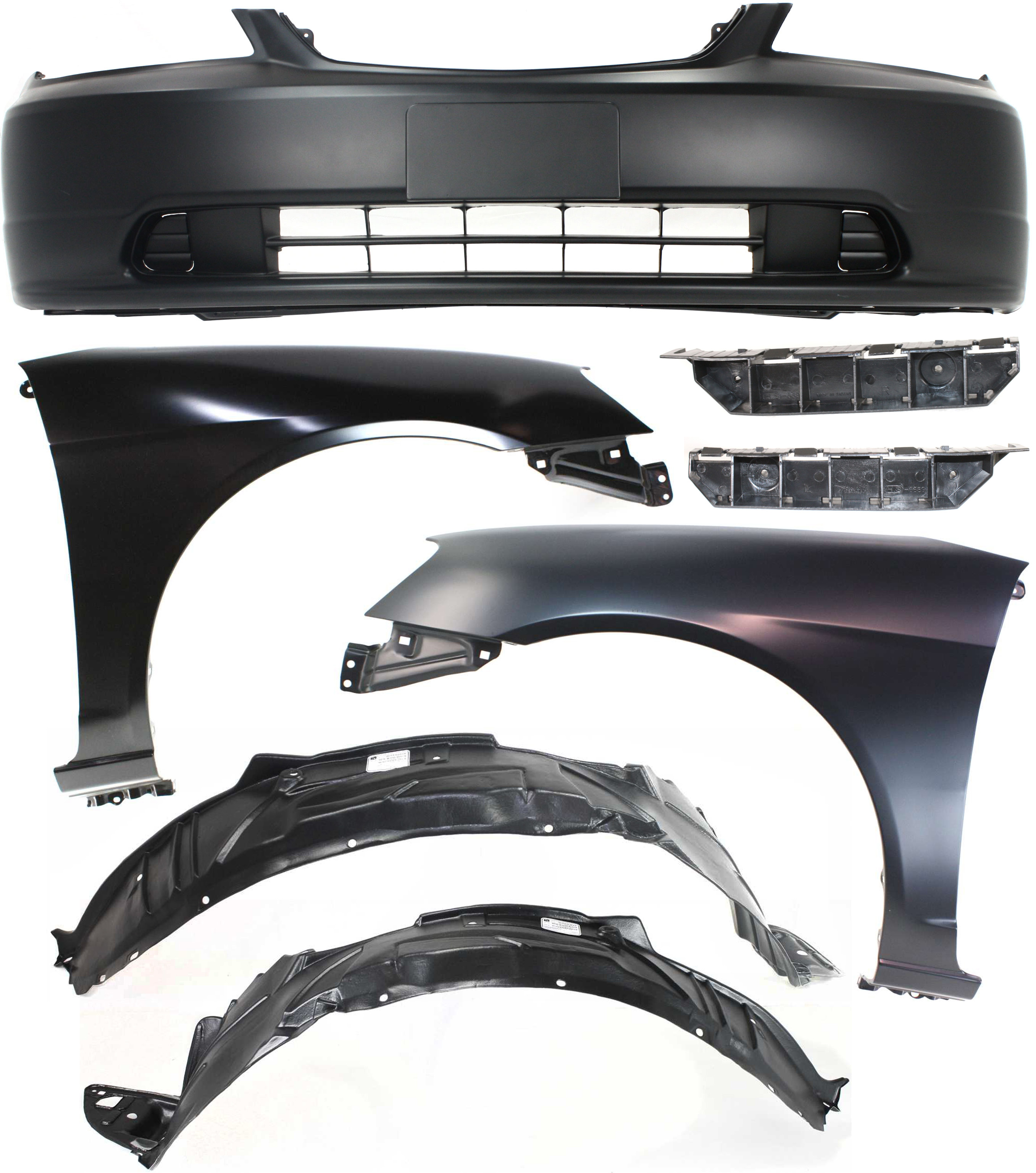 AM CIVIC 01-03 FRONT BUMPER COVER Primed 7 pc Kit with Bumper Brackets Fender Liners and Fenders SKU KIT 060317-47 Partslink HO1000197 HO1067114 HO1066114 HO1241153 HO1240153 HO1249109 HO1248109 OEM 04711S5PA90ZZ 71193S5A000-7119
