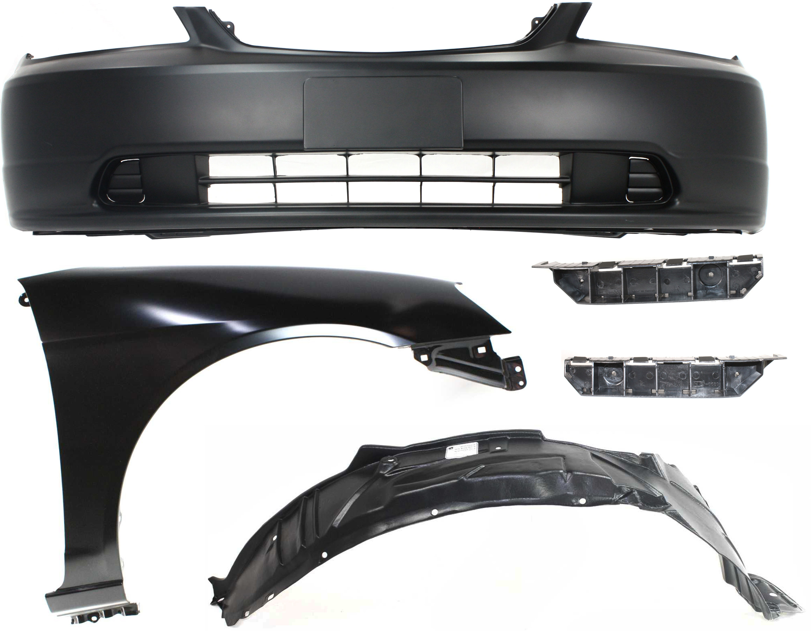 AM CIVIC 01-03 FRONT BUMPER COVER Primed 5 pc Kit with Fender Fender Liner and Bumper Brackets SKU KIT 060317-48 Partslink HO1000197 HO1067114 HO1066114 HO1241153 HO1249109 OEM 04711S5PA90ZZ 71193S5A000-7119