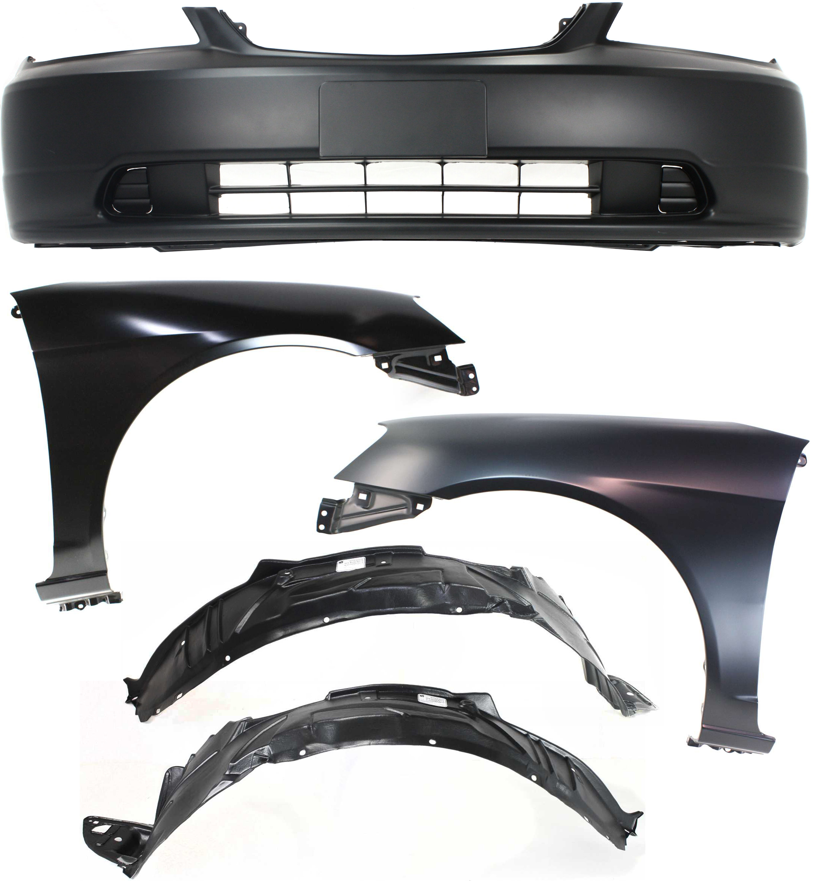 AM CIVIC 01-03 FRONT BUMPER COVER Primed 5 pc Kit with Fender Liners and Fenders SKU KIT 060317-50 Partslink HO1000197 HO1241153 HO1240153 HO1249109 HO1248109 OEM 04711S5PA90ZZ 60211S5DA90ZZ 60