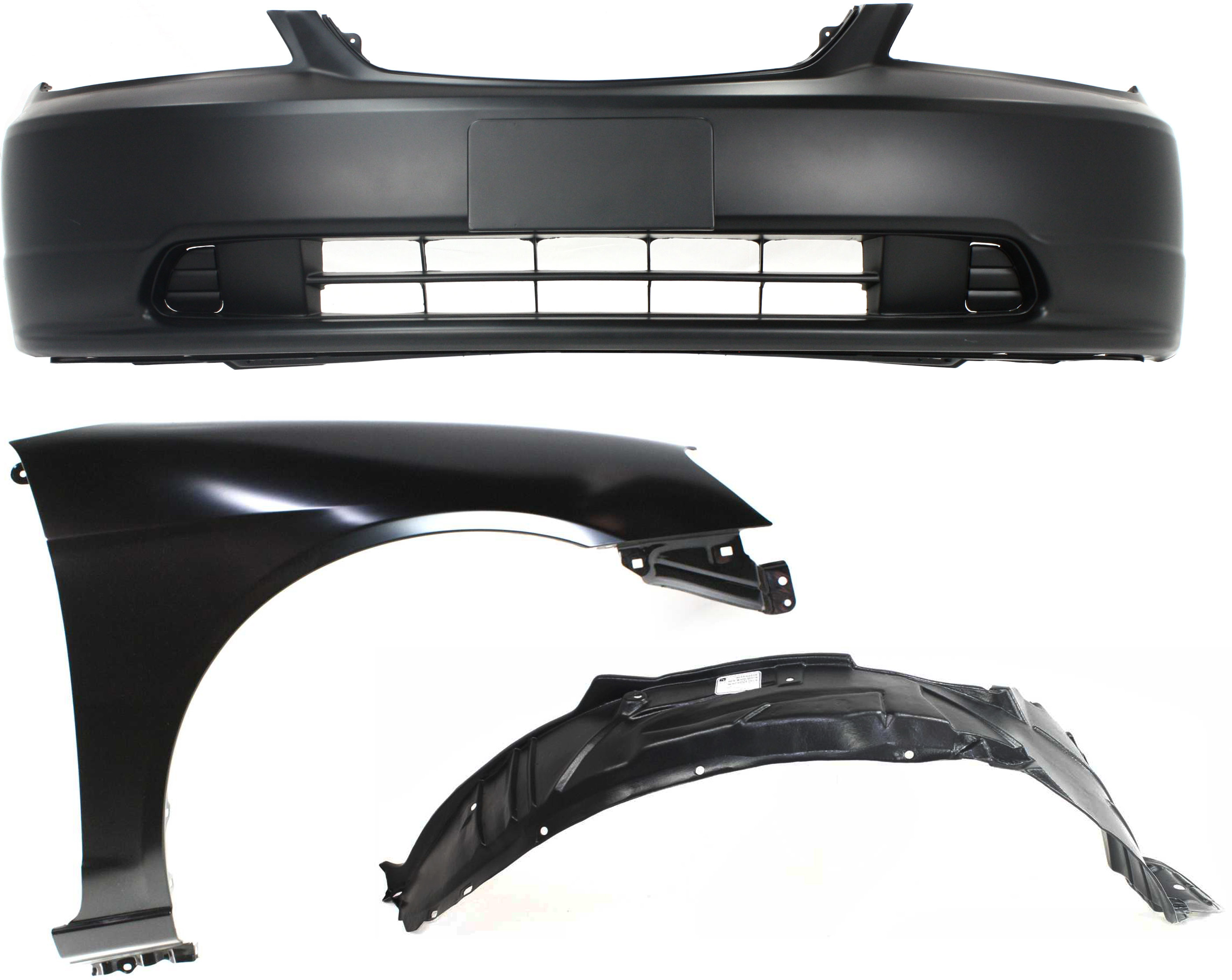 AM CIVIC 01-03 FRONT BUMPER COVER Primed 3 pc Kit with Fender and Fender Liner SKU KIT 060317-51 Partslink HO1000197 HO1241153 HO1249109 OEM 04711S5PA90ZZ 60211S5DA90ZZ 74