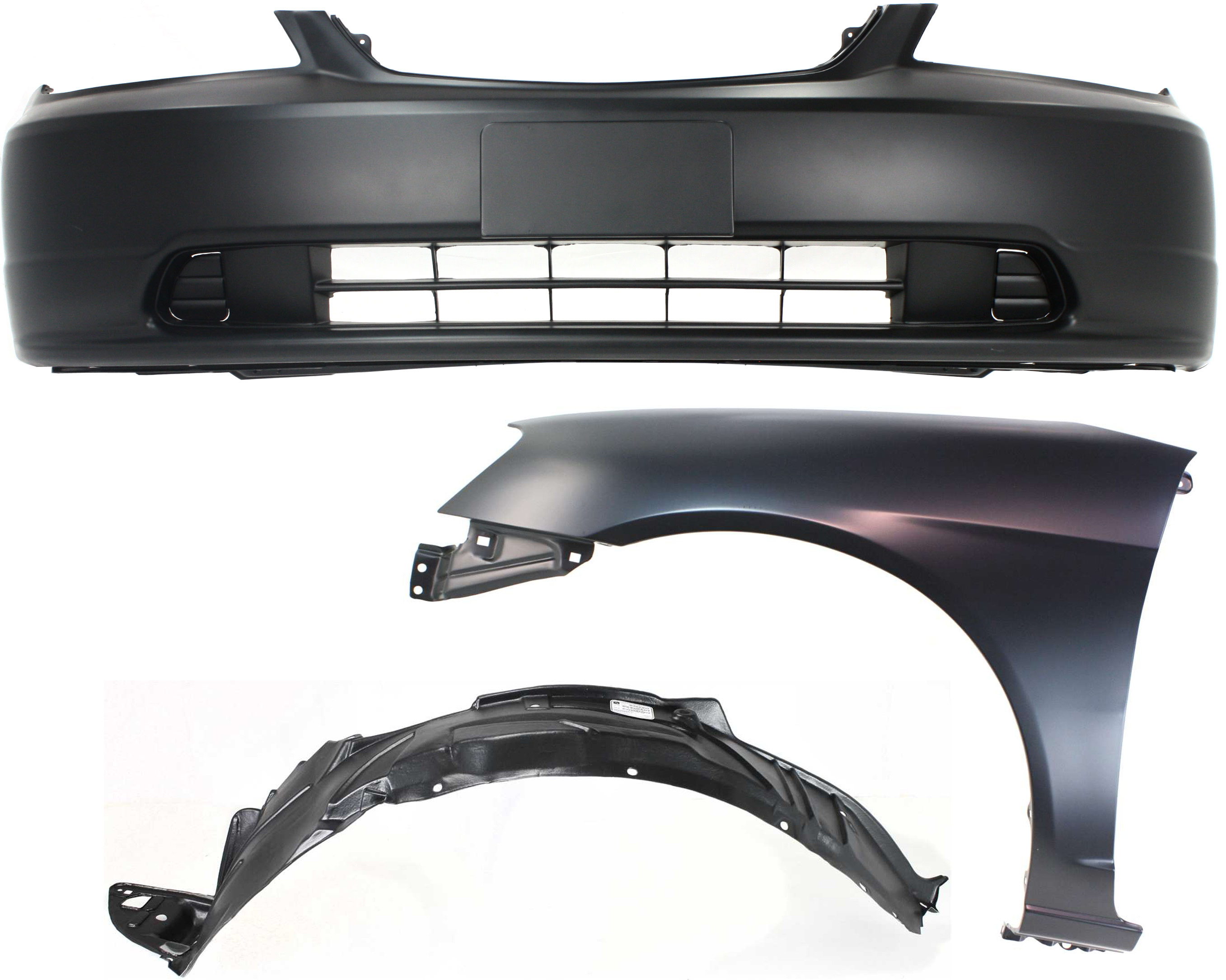 AM CIVIC 01-03 FRONT BUMPER COVER Primed 3 pc Kit with Fender and Fender Liner SKU KIT 060317-52 Partslink HO1000197 HO1240153 HO1248109 OEM 04711S5PA90ZZ 60261S5DA90ZZ 74