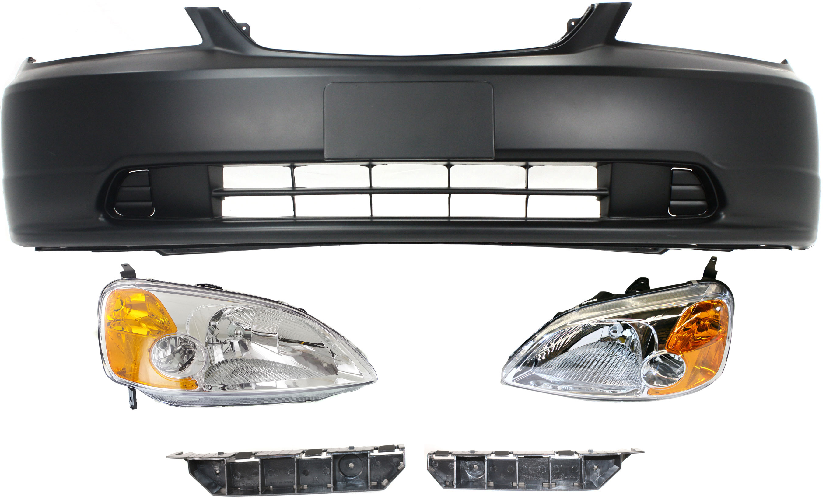 AM CIVIC 01-03 HEAD LAMP RH AND LH Lens and Housing Halogen 5 pc Kit with Bumper Brackets and Bumper Cover SKU KIT 060317-53 Partslink HO2518102 HO2519102 HO1067114 HO1066114 HO1000197 OEM 33151S5PA01-33101S5PA01-71193S