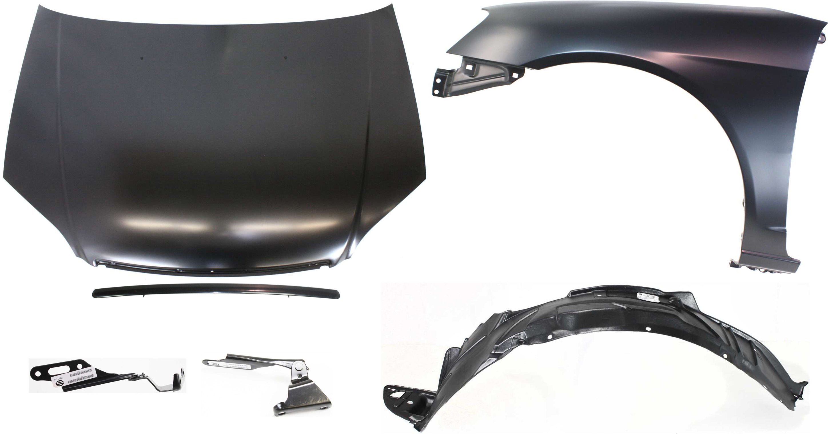 AM CIVIC 01-03 HOOD 6 pc Kit 2 Door Coupe with Fender Fender Liner Hood Hinges and Hood Molding SKU KIT 060317-57 Partslink HO1230134 HO1240153 HO1248109 HO1236110 HO1236109 HO1235103 OEM 60100S5DA90ZZ 60261S5DA90ZZ 74