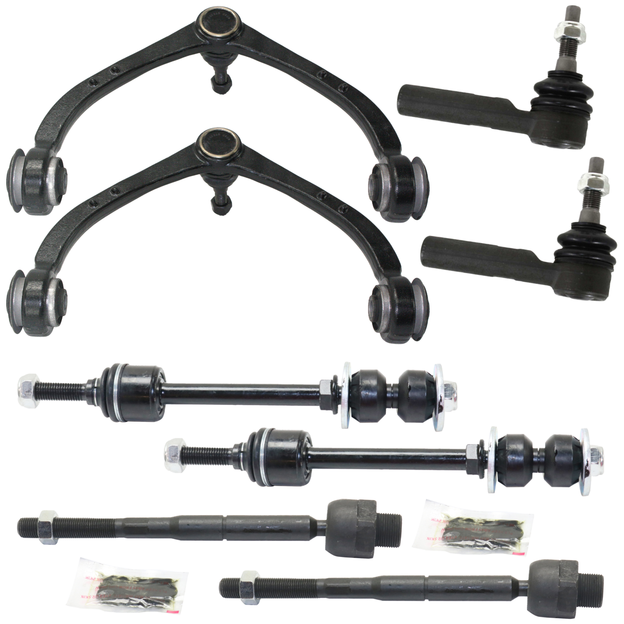 AM DAKOTA 05-10 RAIDER 06-09 FRONT CONTROL ARM RH AND LH Upper 8 pc Kit with Sway Bar Link Tie Rod End SKU KIT 060324 C118 OEM 52855100AC 52855100AF 52855100