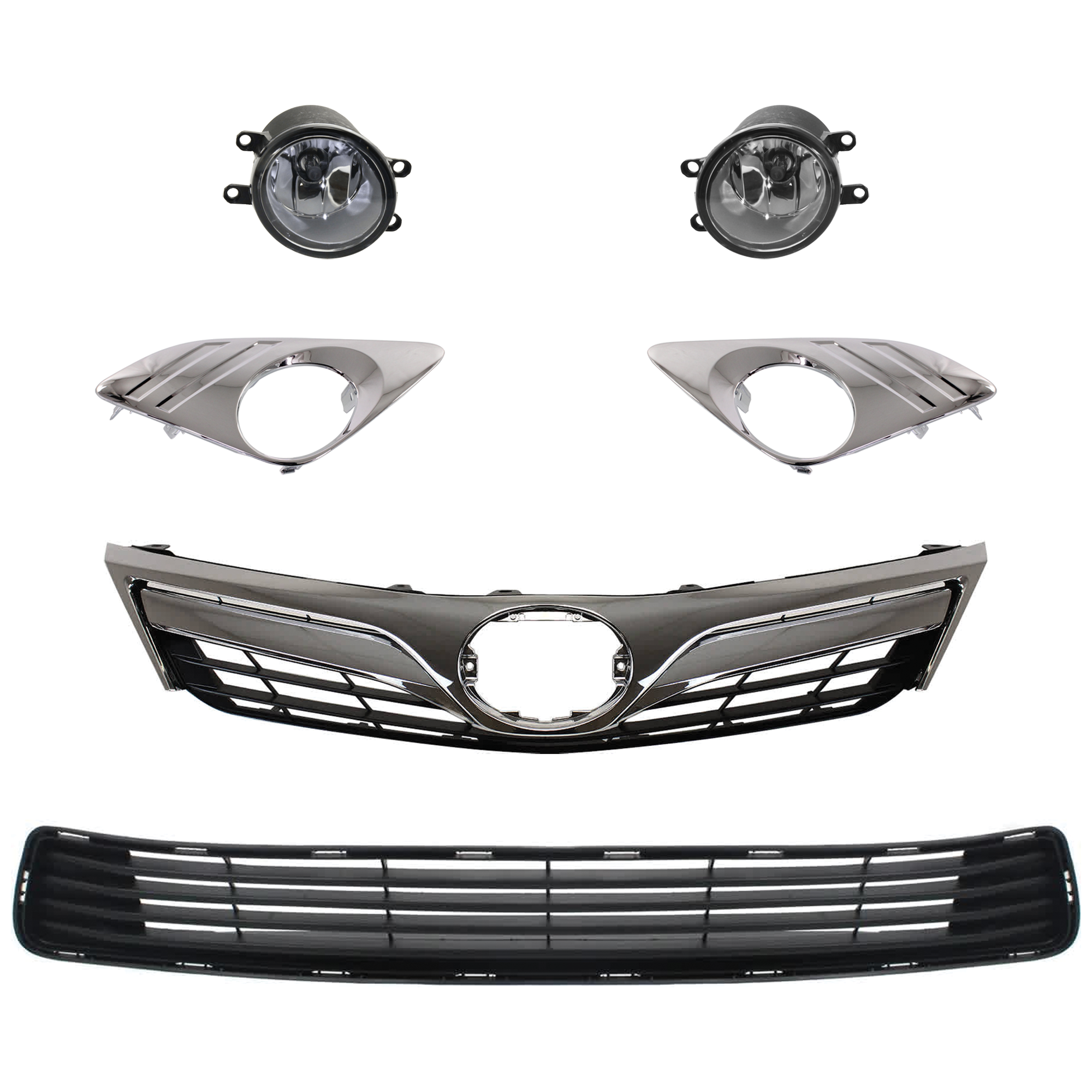 AM CAMRY 12-14 FRONT FOG LAMP RH AND LH 6 pc kit with Bumper Grille FOG LAMP Trim Grille Assembly SKU KIT 060324 C11 Partslink TO2592123 TO2593123 TO1036128 TO1039148 TO1038148 TO1200343 OEM 8121006071-8122006071-53112062