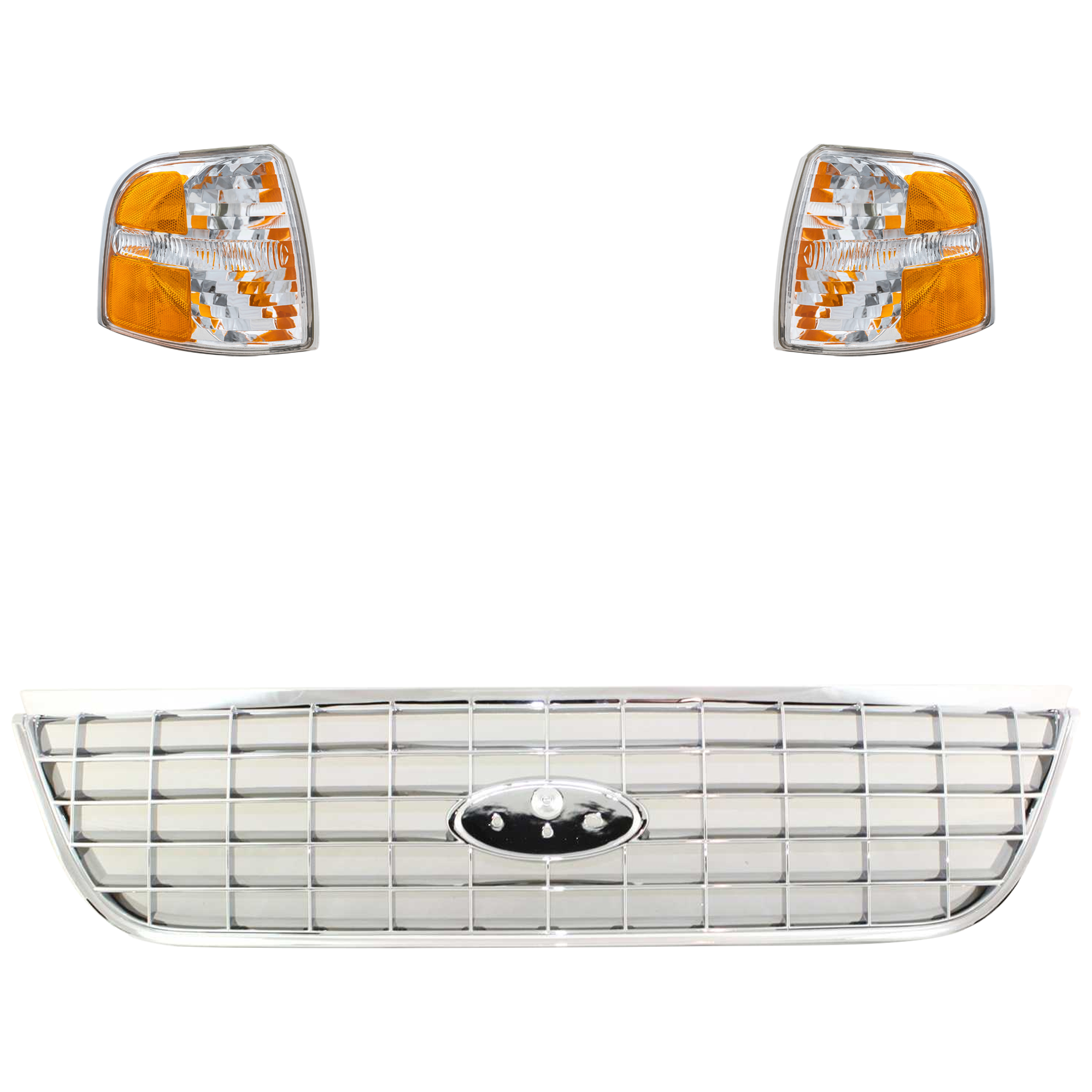 AM EXPLORER 02-04 GRILLE ASSEMBLY 3 pc Kit with Corner Light SKU KIT 060324 C32 Partslink FO1200402 FO2520167 FO2521167 OEM Performance 1L2Z8200AAB 1L2Z82