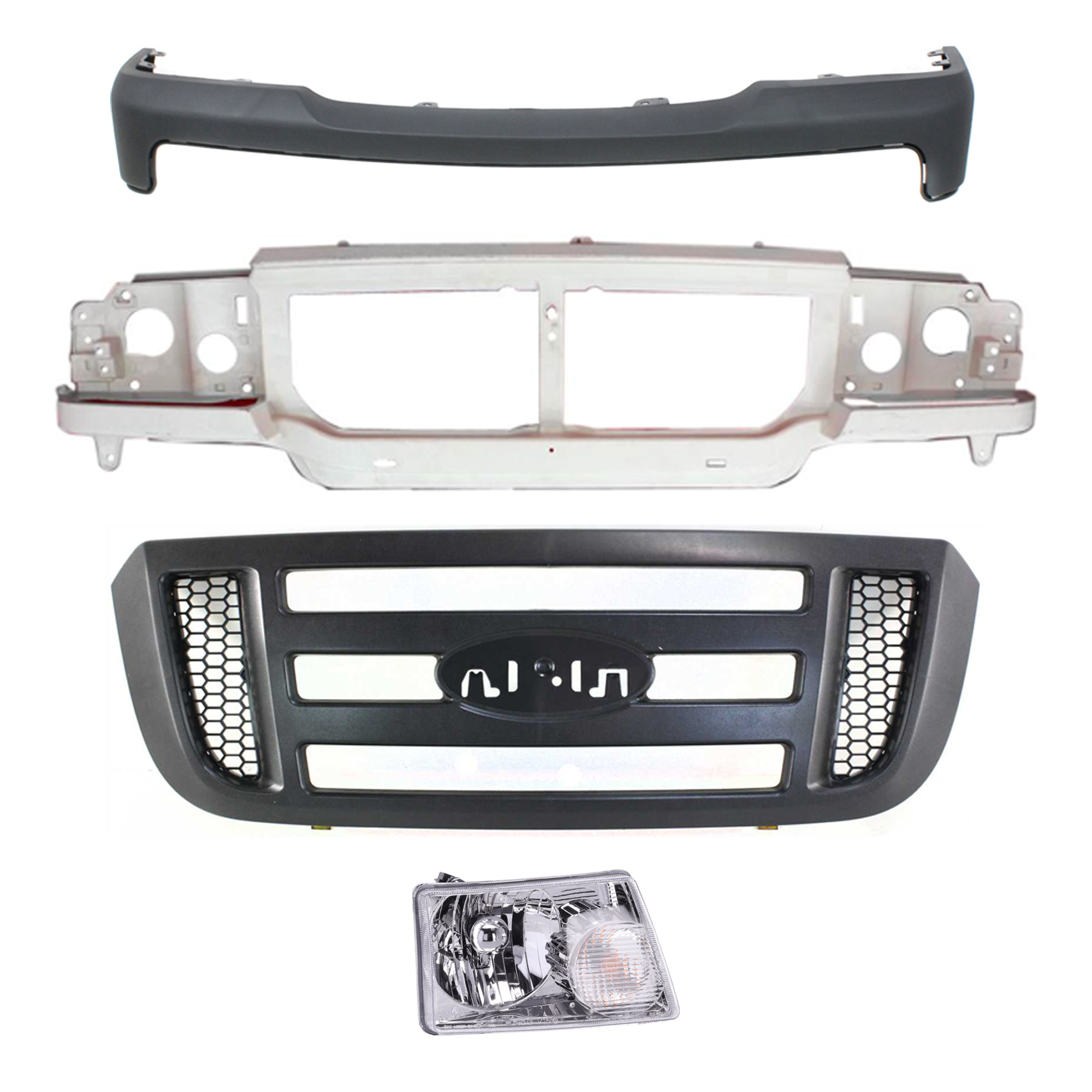 AM RANGER 06-11 HEADER PANEL 4 pc Kit with Bumper Cover Grille Assembly Headlight SKU KIT 060324 C33 Partslink FO1220228 FO1000603 FO2503173 OEM 6L5Z8A284AA 6L5Z17D957AAA 6L5Z