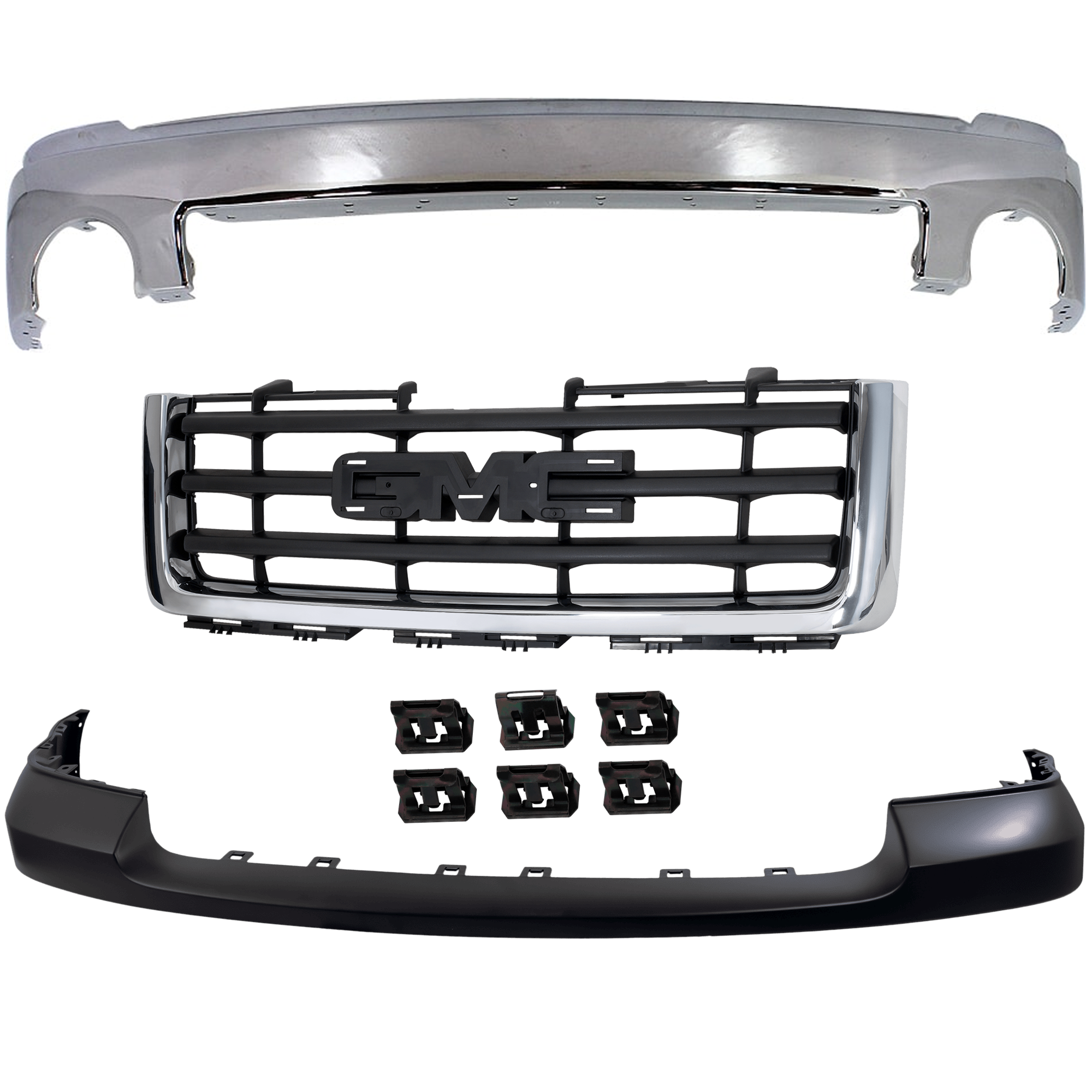 AM SIERRA 1500-07-13 FRONT BUMPER 3 pc kit with Bumper Cover Grille Assembly SKU KIT 060324 C40 Partslink GM1002833 GM1014103 GM1200573 OEM 15901505-25783617-22761792