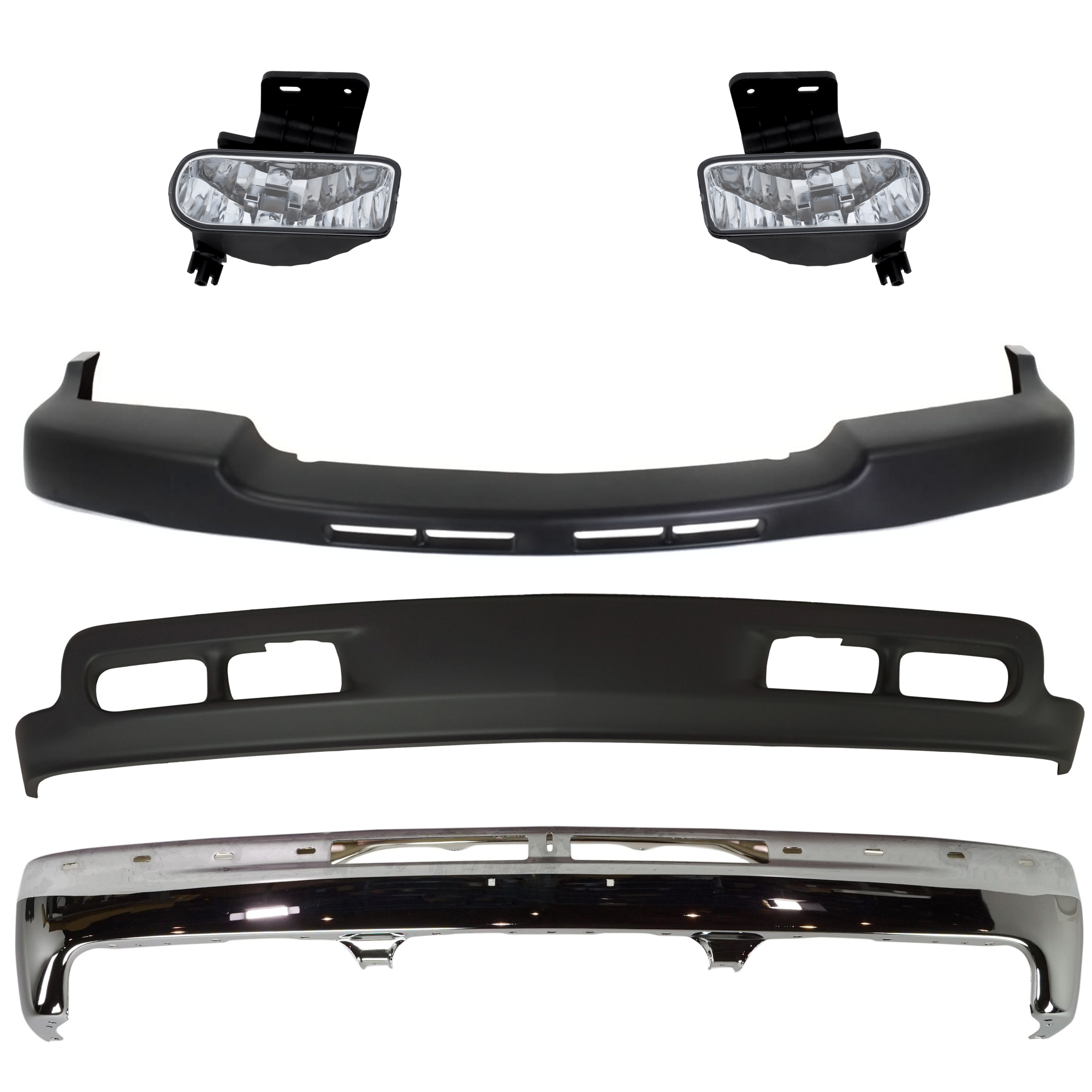 AM SILVERADO 2500 HD SILVERADO 3500-01-02 FRONT BUMPER 5 pc kit with Bumper Trim Fog Light Valance SKU KIT 060324 C53 Partslink GM1002376 GM1051106 GM2593113 GM2592113 GM1092167 OEM 12336026-15746399-19433556-103