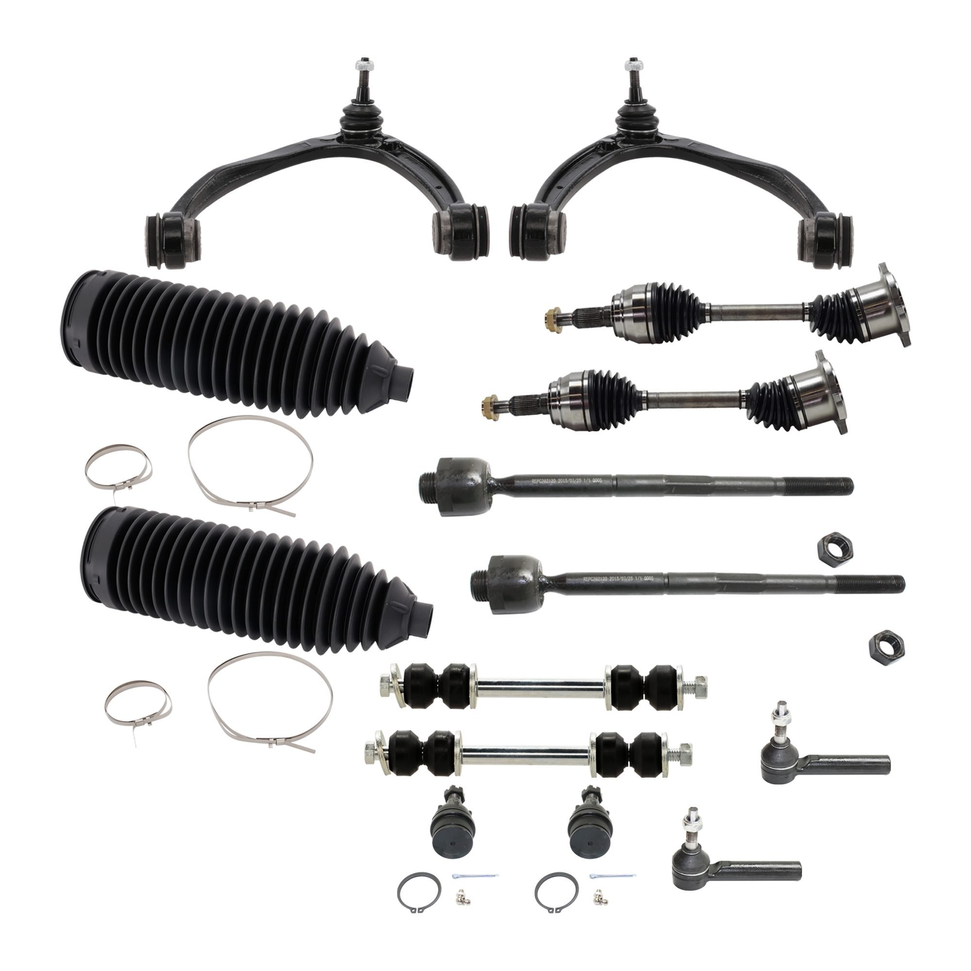 AM ESCALADE TAHOE 07-14 FRONT AXLE ASSEMBLY RH AND LH 14 pc kit with Ball Joint Control Arm Steering Rack Boot Sway Bar Link Tie Rod End SKU KIT 060324 C57 OEM 104327-2601528-5051272-1247281