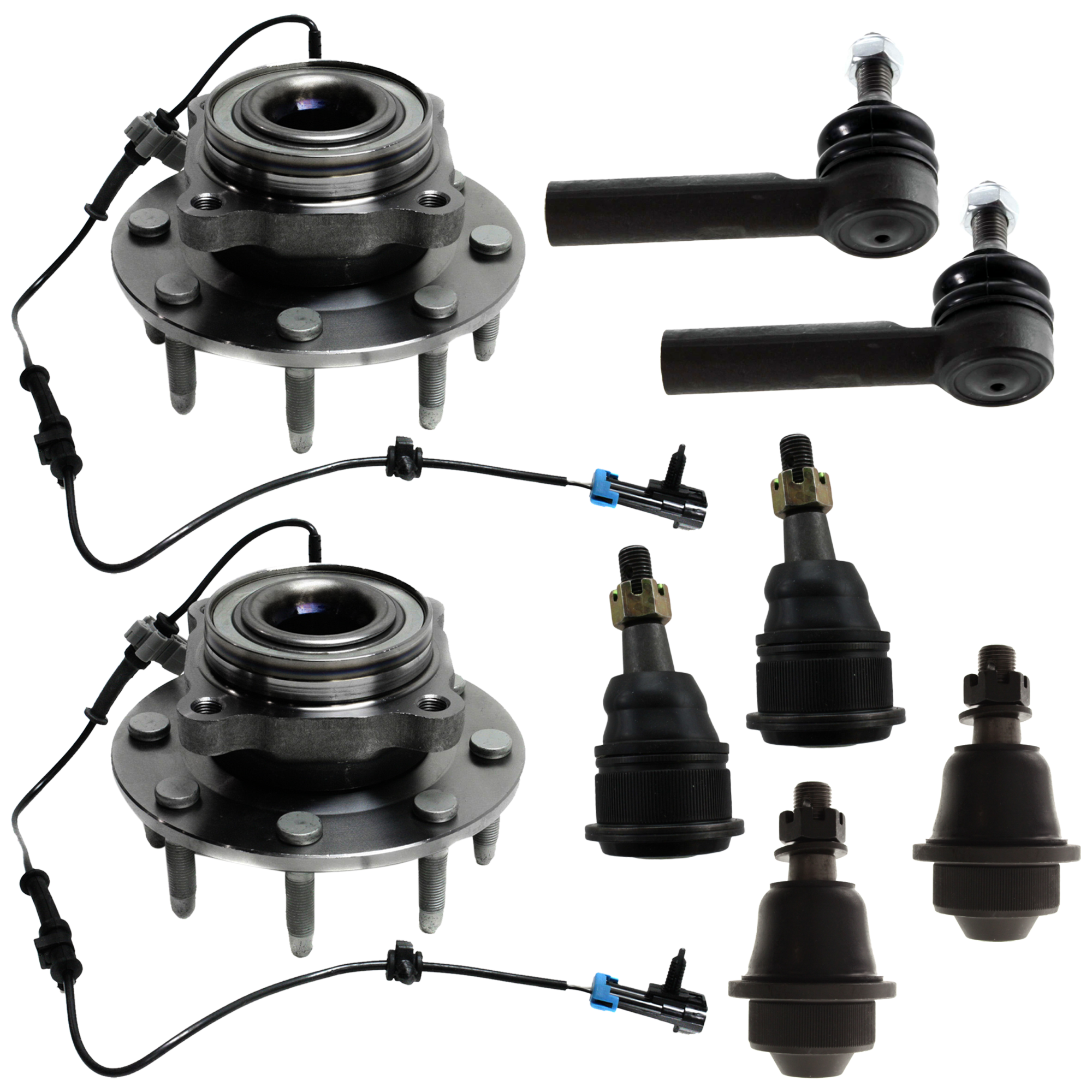 AM SILVERADO 2500-3500 HD 07-10 FRONT WHEEL HUB RH AND LH 8 pc kit with Ball Joint and Tie Rod End SKU KIT 060424 C108 OEM 20980075-104328-2601526-500