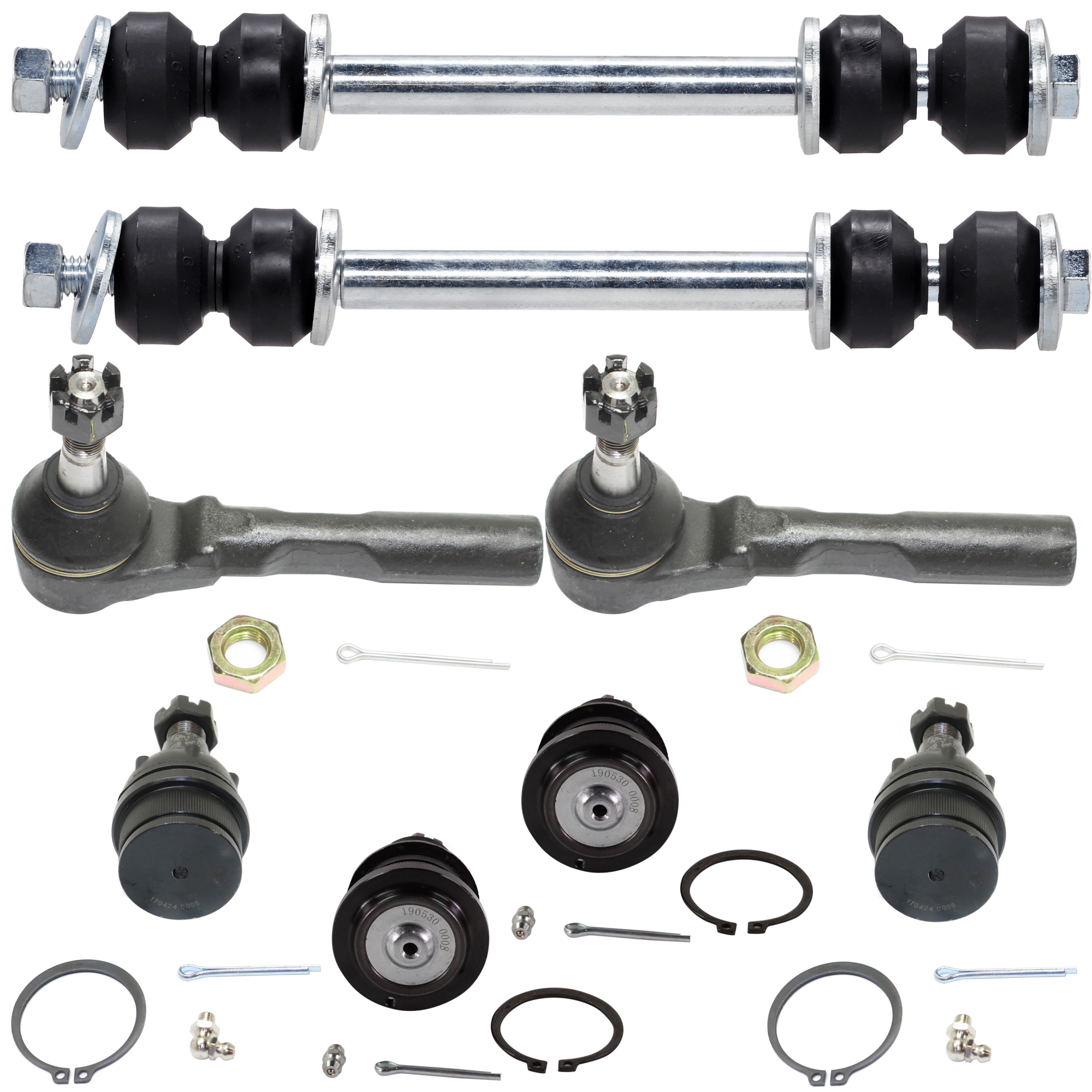 AM SILVERADO SIERRA 1500-99-06 FRONT TIE ROD END RH AND LH Outer 8 pc kit w Ball Joint and Sway Bar Link SKU KIT 060424 C133 OEM 26076544-104327-2601528-505