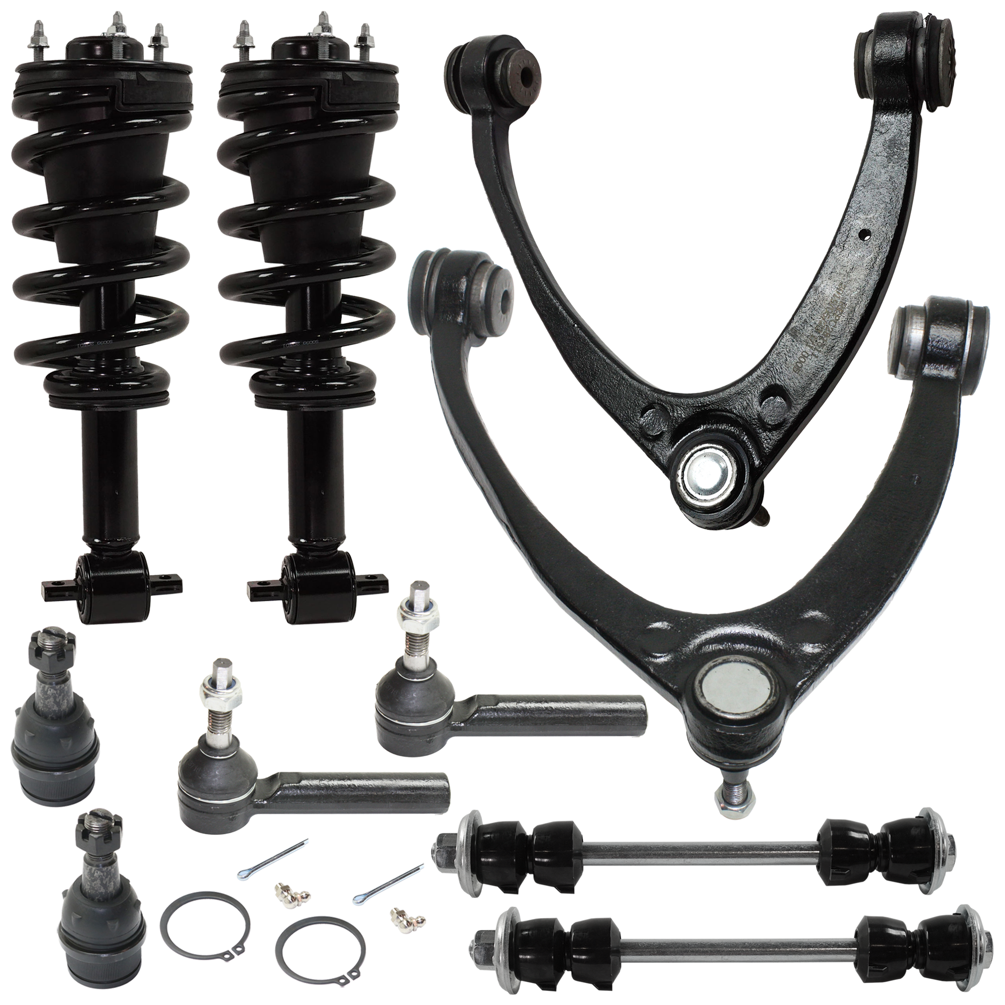 AM SILVERADO SIERRA 1500-07-13 FRONT FULLY LOADED STRUTS RH AND LH 10 pc kit Gas Charged Monotube with Ball Joint Control Arm Sway Bar Link and Tie Rod End SKU KIT 060424 C139 OEM 25980102-25888684-104327-26015