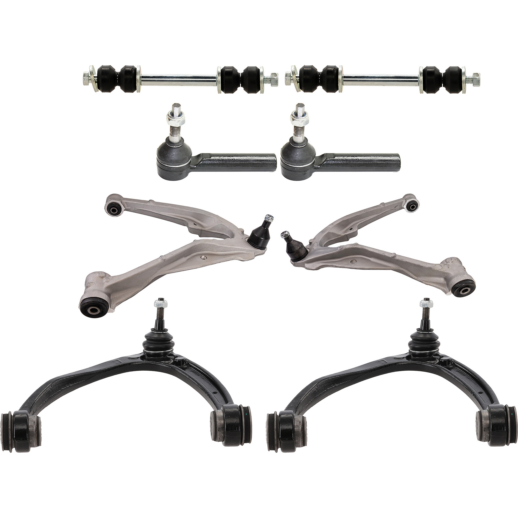 AM TAHOE YUKON 07-14 FRONT CONTROL ARM RH AND LH Upper and Lower 8 pc kit with Sway Bar Link and Tie Rod End SKU KIT 060424 C140 OEM 15096197-25812725-15096198-258