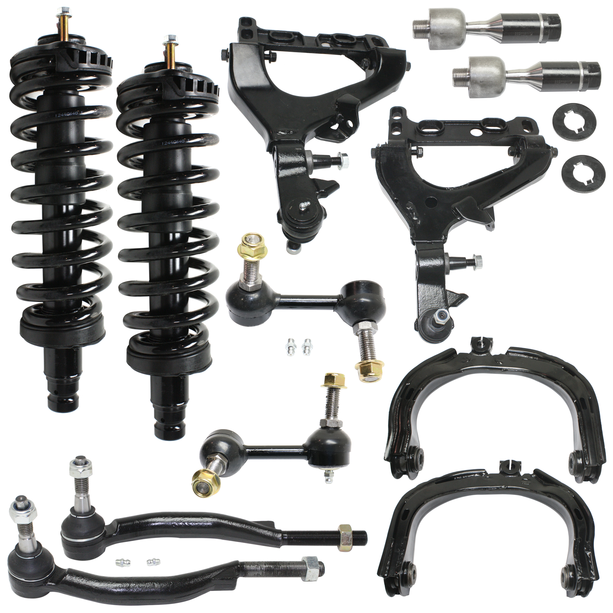 AM TRAILBLAZER TRAILBLAZER EXT 02-03 FRONT CONTROL ARM RH AND LH Upper and Lower 12 pc kit with Shock Absorber and Strut Assembly Sway Bar Link and Tie Rod End SKU KIT 060424 C148 OEM 15080914-15298273-25786775