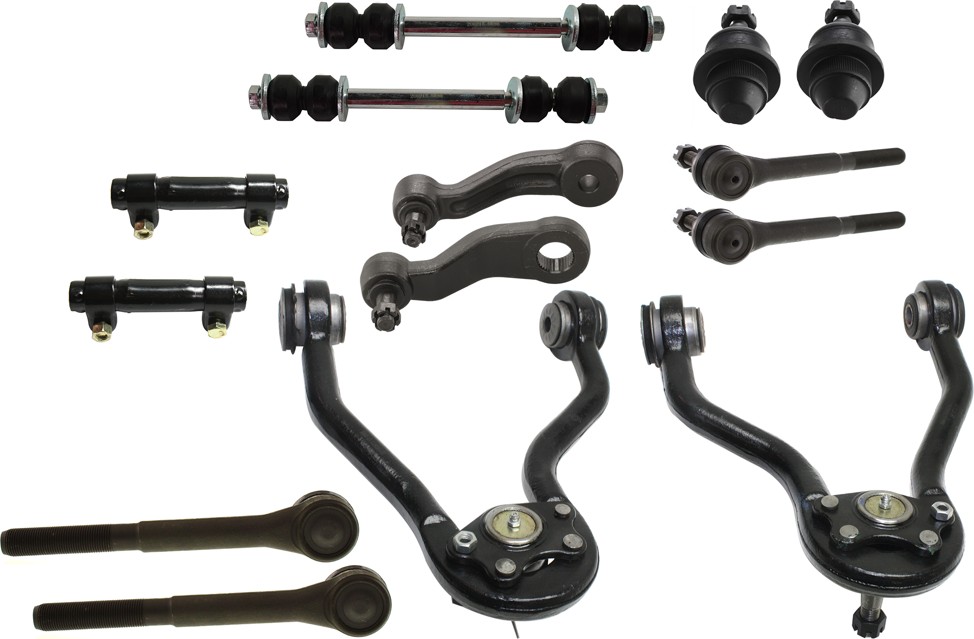 AM K2500 TAHOE 95-00 FRONT CONTROL ARM RH AND LH Upper 14 pc kit with Ball Joint Idler Arm Sway Bar Link Tie Rod Adjusting Sleeve and Tie Rod End SKU KIT 060424 C170 OEM 12388431-12388432-104221-28