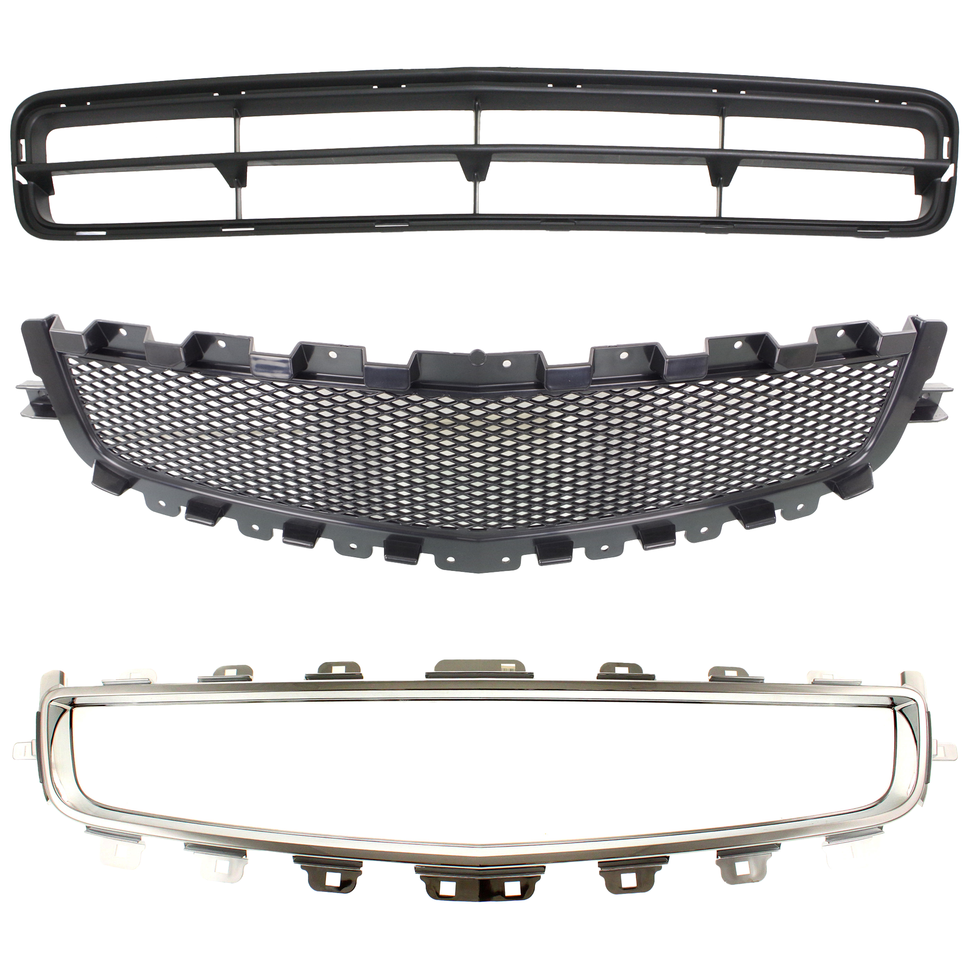 AM MALIBU 08-12 GRILLE TRIM Center 3 pc Kit Chrome with Bumper Grille and Grille Assembly SKU KIT 060424 C44 Partslink GM1210115 GM1036119 GM1200600 OEM 25784043-15823704-25784042