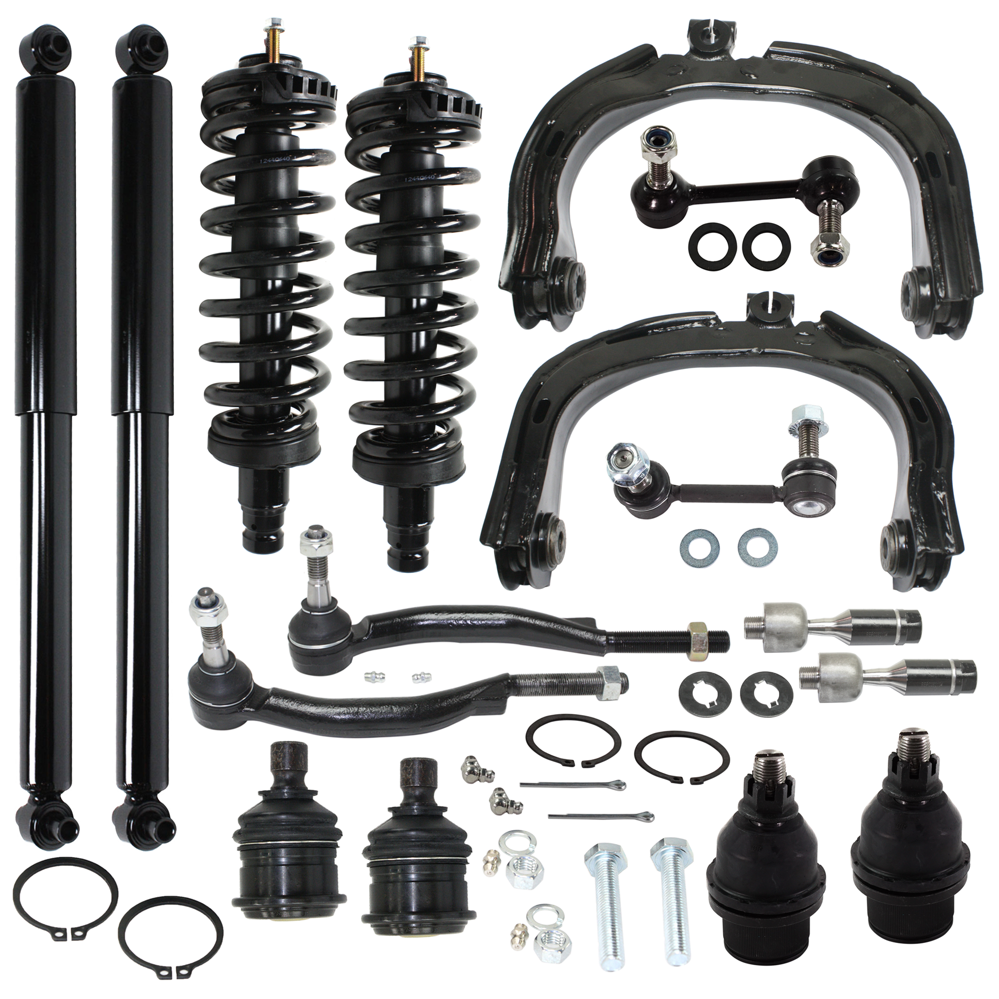 AM ASCENDER 04-08 RAINIER 04-07 FRONT AND REAR SHOCK AND FULLY LOADED STRUTS RH AND LH Upper and Lower Inner and Outer 16 pc kit with Ball Joint Control Arm Sway Bar Link and Tie Rod End SKU KIT 060424 C51 OEM 150-586-161-509-814-000-000-000-000