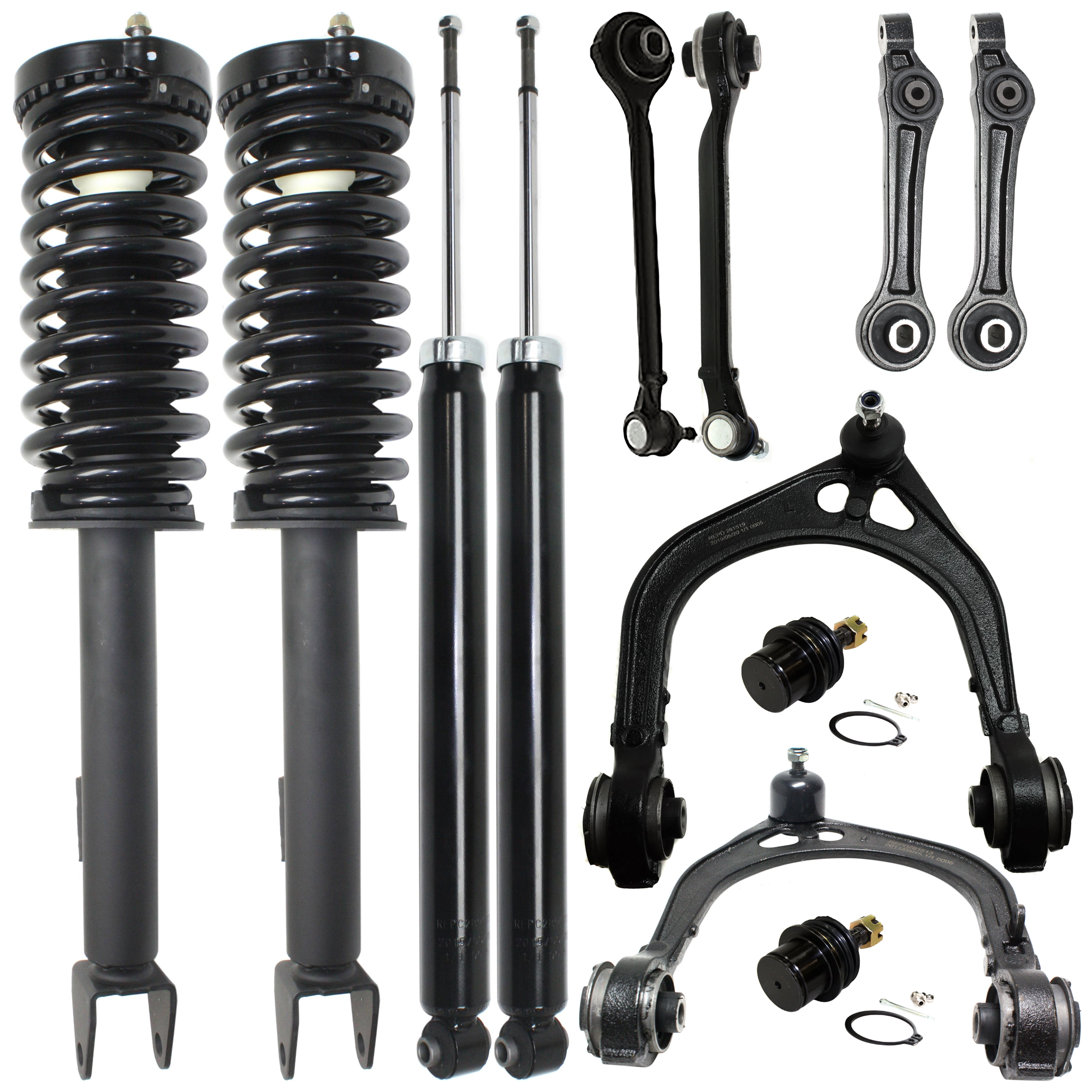 AM CHRYSLER 300-05-10 FRONT AND REAR SHOCK AND FULLY LOADED STRUTS RH AND LH 12 pc kit Gas Charged Twin tube with Ball Joint and Control Arm SKU KIT 060424 C57 OEM 4782714AD 4895687AC 5180753AA