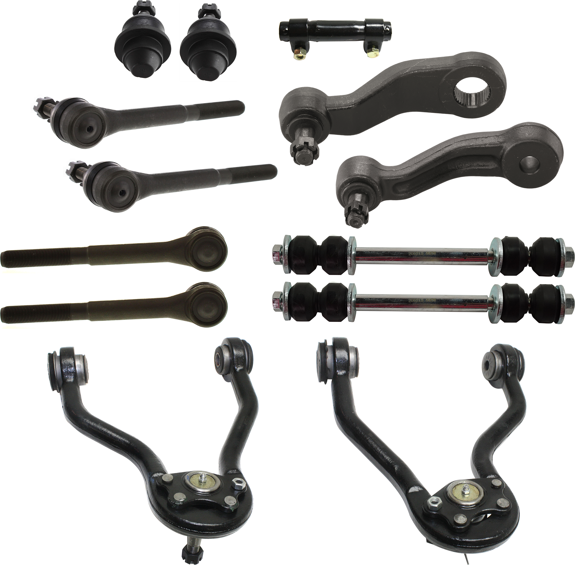AM K2500 TAHOE 95-00 FRONT CONTROL ARM RH AND LH Upper 13 pc kit w Ball Joint Idler Arm Pitman Arm Sway Bar Link Tie Rod Adjusting Sleeve and Tie Rod End SKU KIT 060424 C83 OEM 12388431-12388432-104221-28