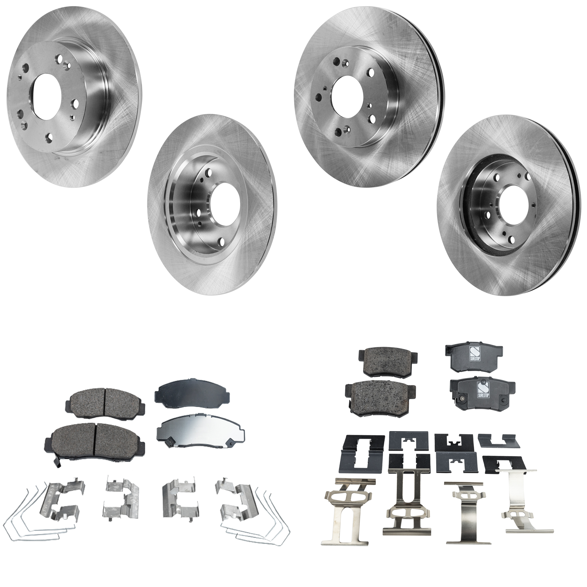AM ACCORD 03-07 FRONT AND REAR BRAKE DISC AND PAD KIT 4 Wheel Set Plain Surface 5 Lugs SKU KIT 060523-18 OEM 45251S87A00-42510SDAA00-42510S