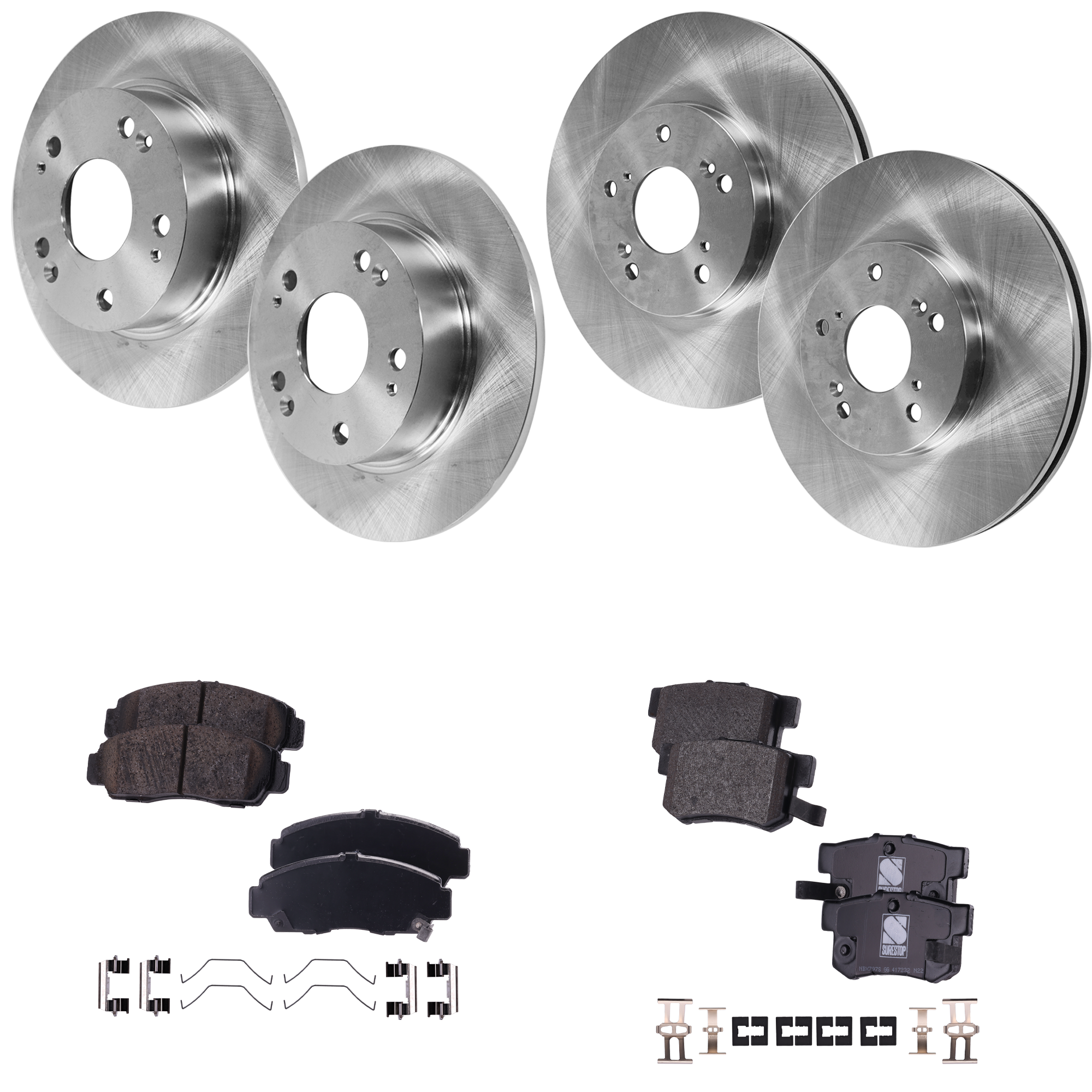 AM TSX 04-08 FRONT AND REAR BRAKE DISC AND PAD KIT 4 Wheel Set Plain Surface 5 Lugs SKU KIT 060523-20 OEM 45251S0X000-42510SDAA00-42510S