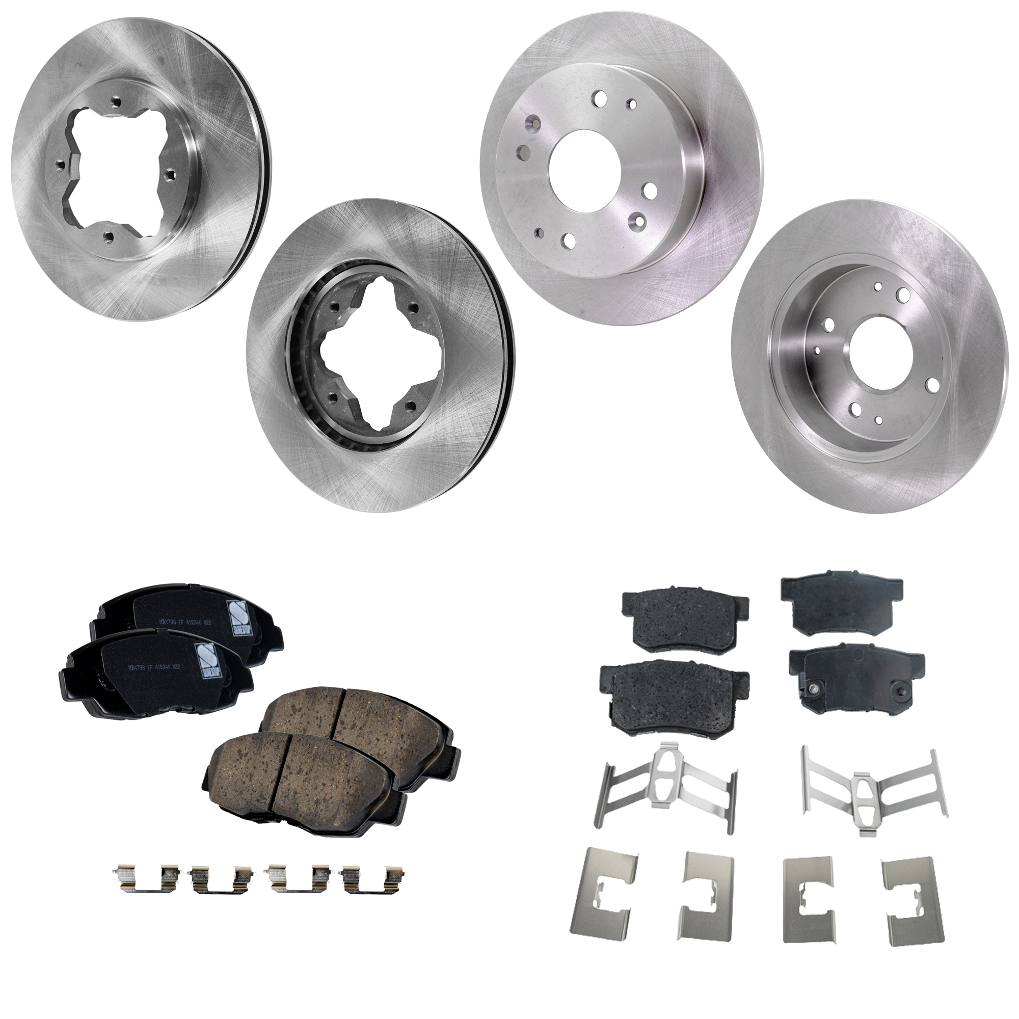 AM ACCORD 95-96 CL 97-97 FRONT AND REAR BRAKE DISC AND PAD KIT 4 Wheel Set Plain Surface 4 Lugs SKU KIT 060523-23 OEM 42510SM4950-42510SV4A00-42510S