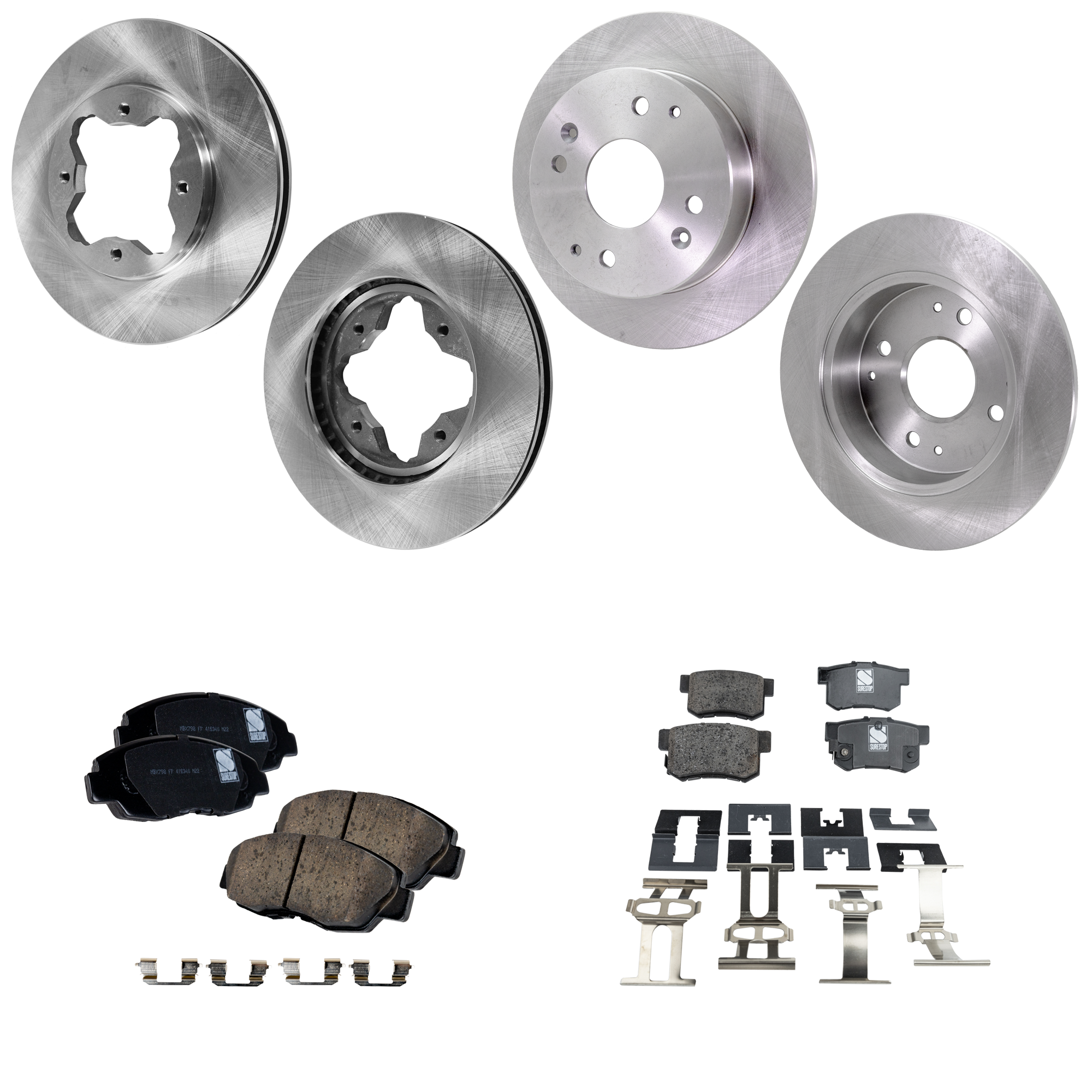 AM ACCORD 94-97 FRONT AND REAR BRAKE DISC AND PAD kit 8 pc kit Plain Surface 4 Lugs SKU KIT 060523-24 OEM 42510SM4950-42510SV4A00-42510S