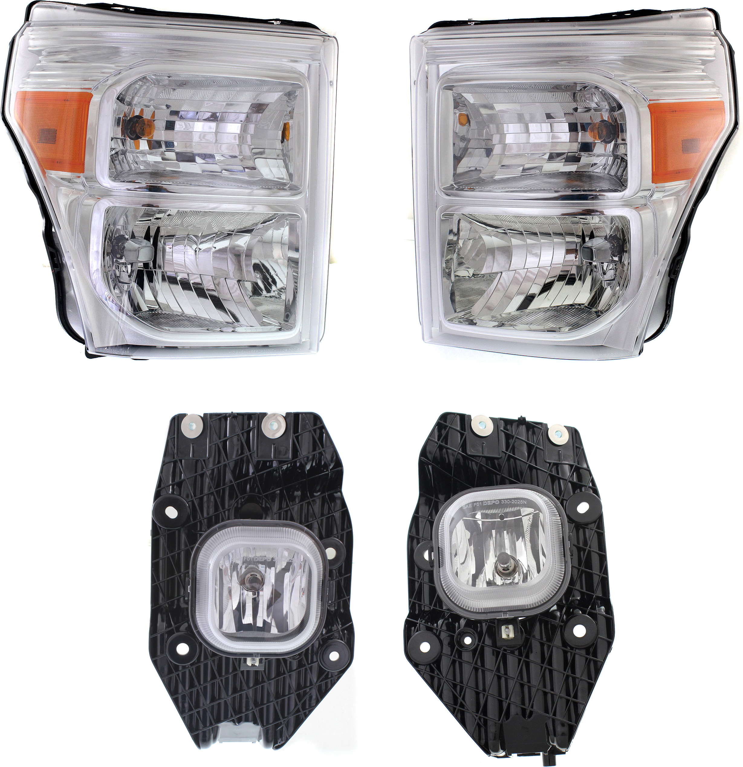 AM F SERIES SUPER DUTY 11-16 HEAD LAMP RH AND LH Assembly Halogen 4 pc Kit with Fog Lights SKU KIT 060617-12 Partslink FO2503290 FO2502290 FO2592230 FO2593230 OEM BC3Z13008E BC3Z13008F BC3Z1520