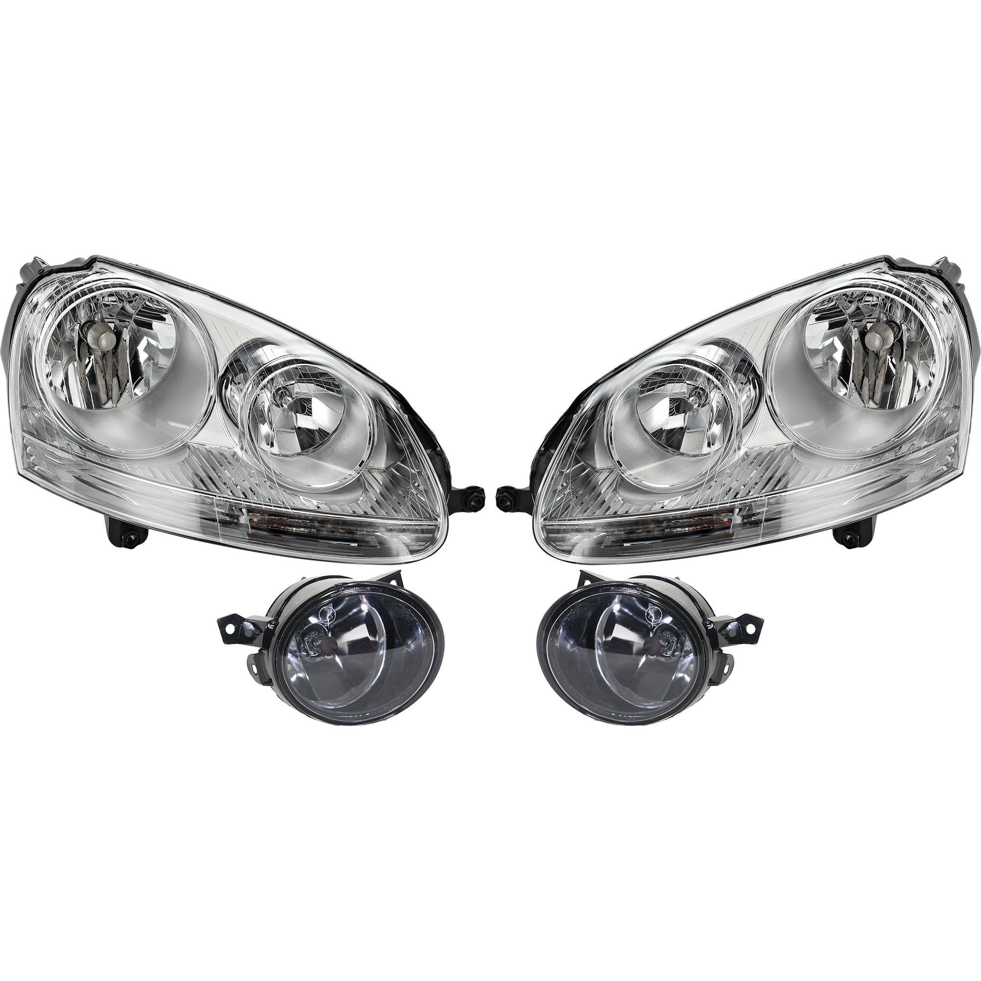 AM GTI 06-09 JETTA 06-10 HEAD LAMP RH AND LH Assembly Halogen 4 pc Kit with Fog Lights SKU KIT 060617-26 Partslink VW2503127 VW2502127 VW2592110 VW2593110 OEM 1K6941006S 1K6941005S 1T094169