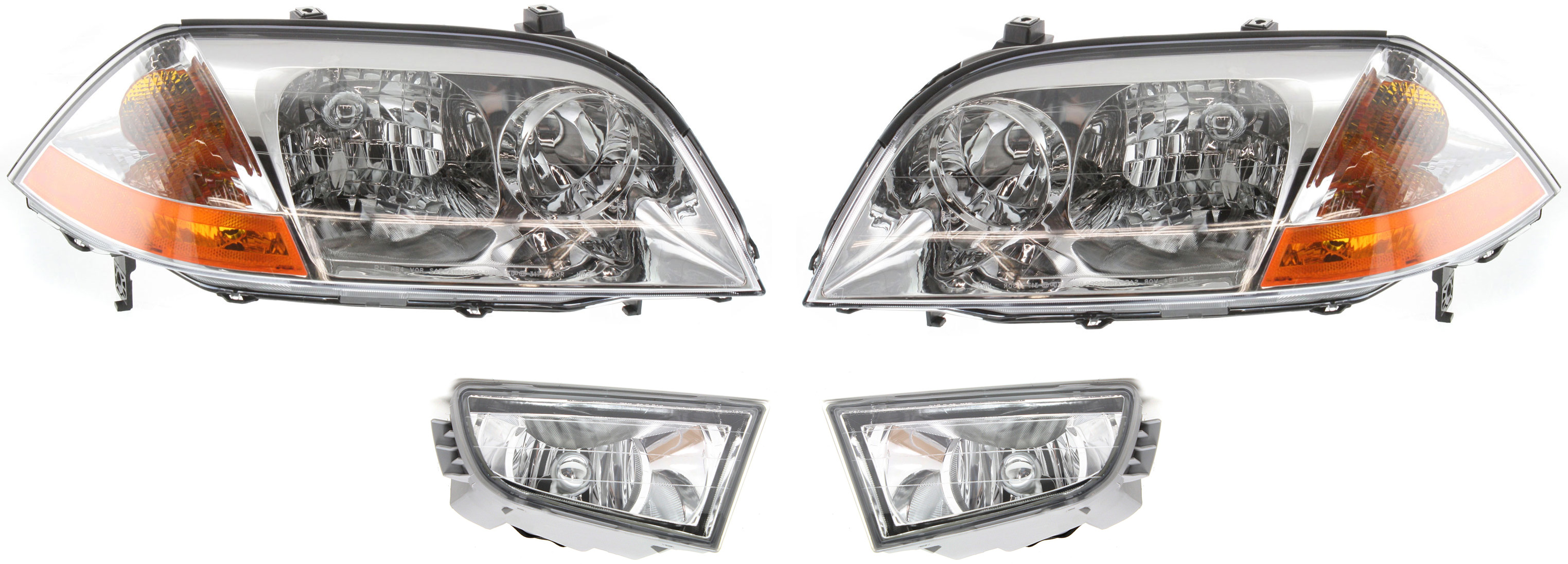 AM MDX 01-03 HEAD LAMP RH AND LH Lens and Housing Halogen 4 pc Kit with Fog Lights SKU KIT 060617-39 Partslink AC2519103 AC2518103 AC2592103 AC2593103 OEM 33101S3VA01-33151S3VA01-33951S