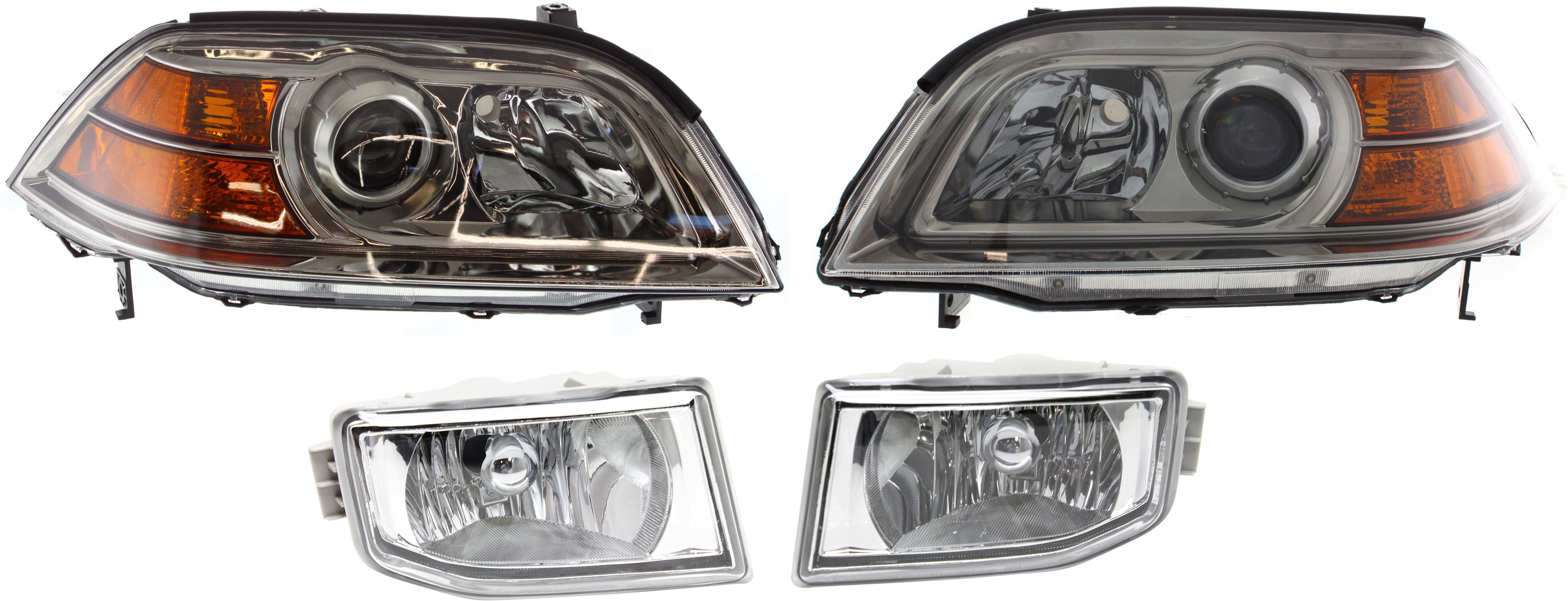 AM MDX 04-06 HEAD LAMP RH AND LH Lens and Housing Halogen 4 pc Kit with Fog Lights SKU KIT 060617-40 Partslink AC2519107 AC2518107 AC2592105 AC2593105 OEM 33101S3VA12-33151S3VA12-33951S