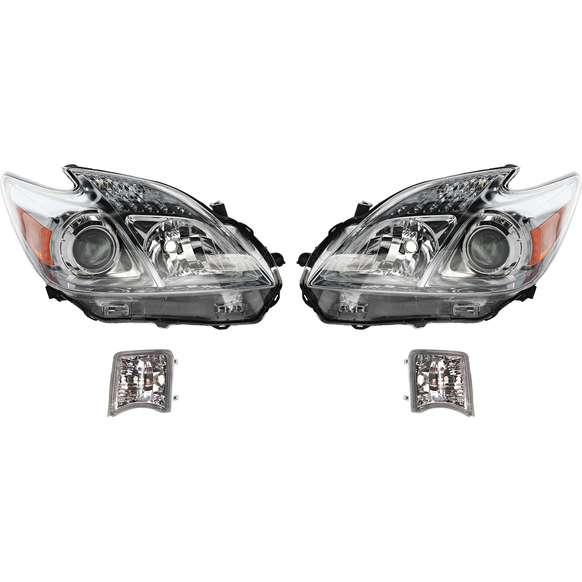 AM PRIUS 10-11 HEAD LAMP RH AND LH Lens and Housing Halogen 4 pc Kit with Turn Signal Lights SKU KIT 060617-61 Partslink TO2519122 TO2518122 TO2532114 TO2533114 OEM 8113047211-8117047211-81521470