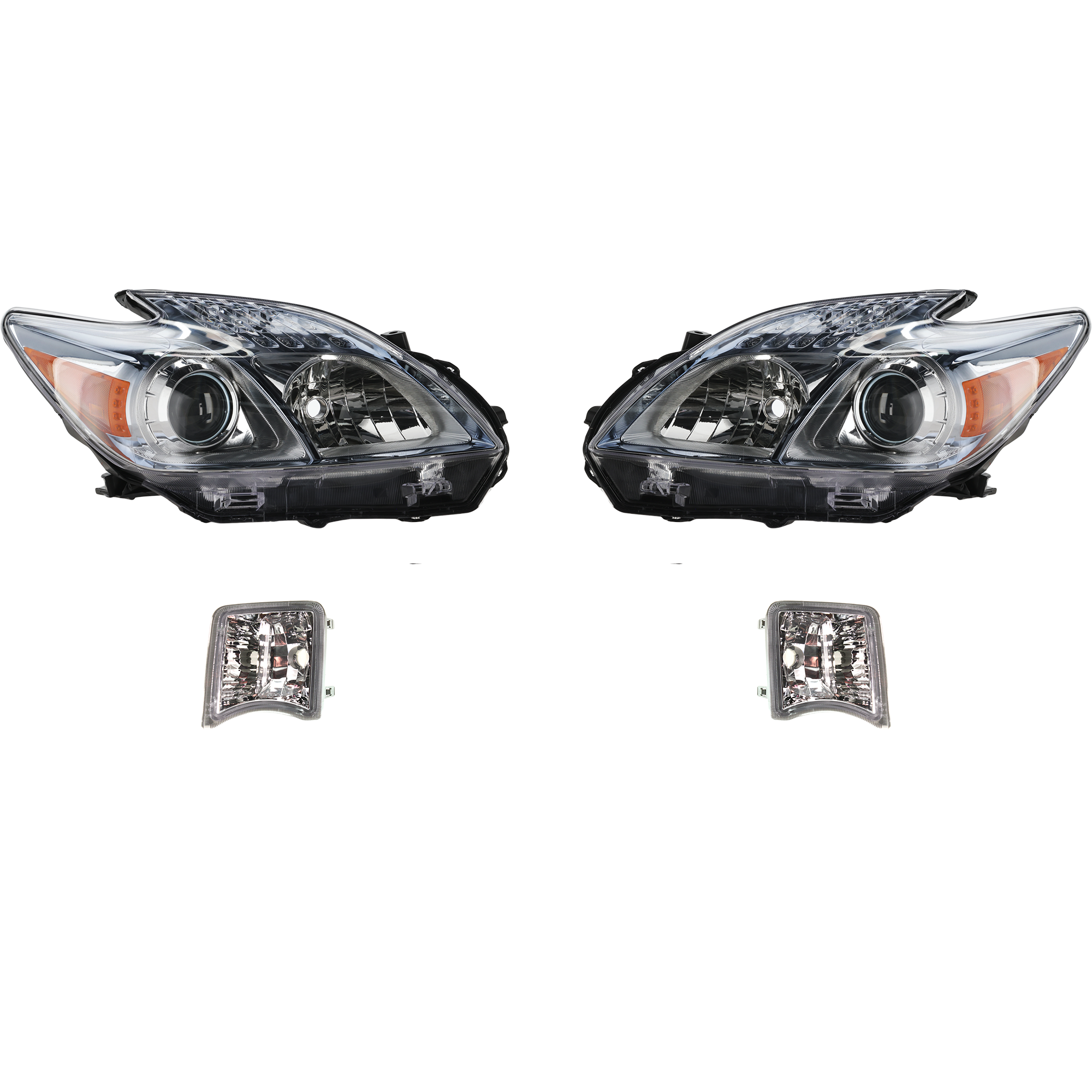 AM PRIUS 10-11 HEAD LAMP RH AND LH Lens and Housing Halogen 4 pc Kit with Turn Signal Lights SKU KIT 060617-62 Partslink TO2518122C TO2519122C TO2532114C TO2533114C OEM 8113047211-8117047211-81511470