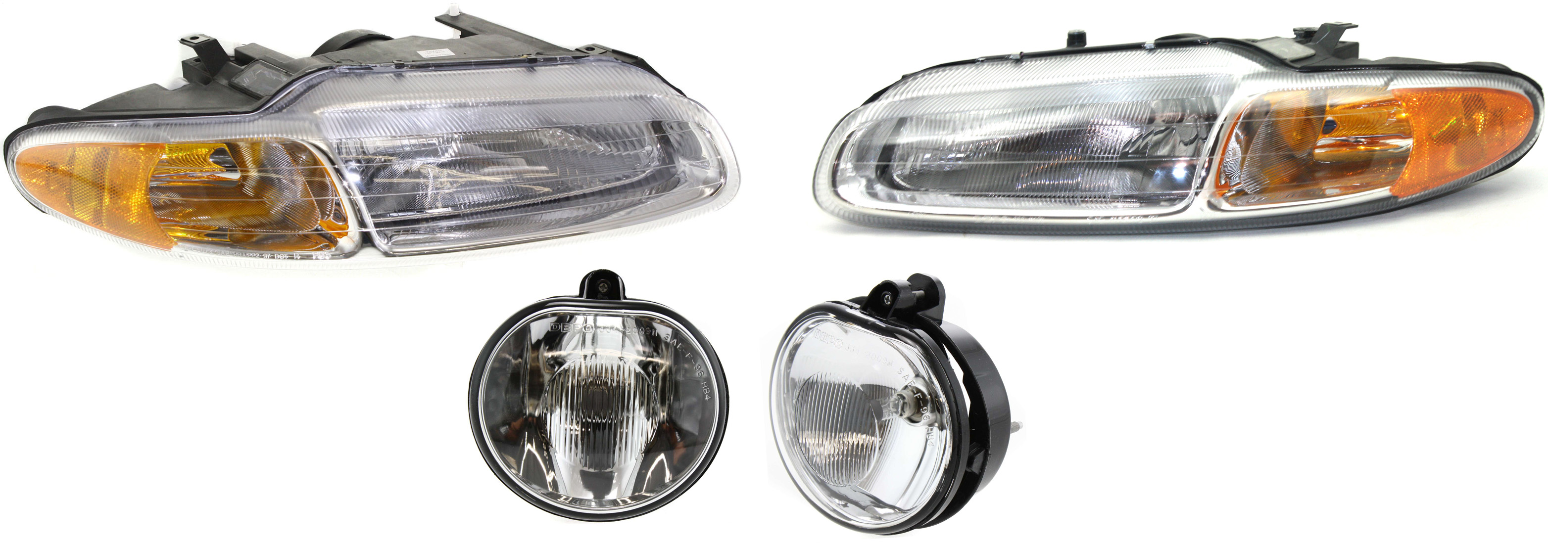 AM SEBRING 96-00 HEAD LAMP RH AND LH Assembly Halogen 4 pc Kit with Fog Lights SKU KIT 060617-74 Partslink CH2503116 CH2502116 CH2592131 OEM 5263986AB 5263987AB 5288078