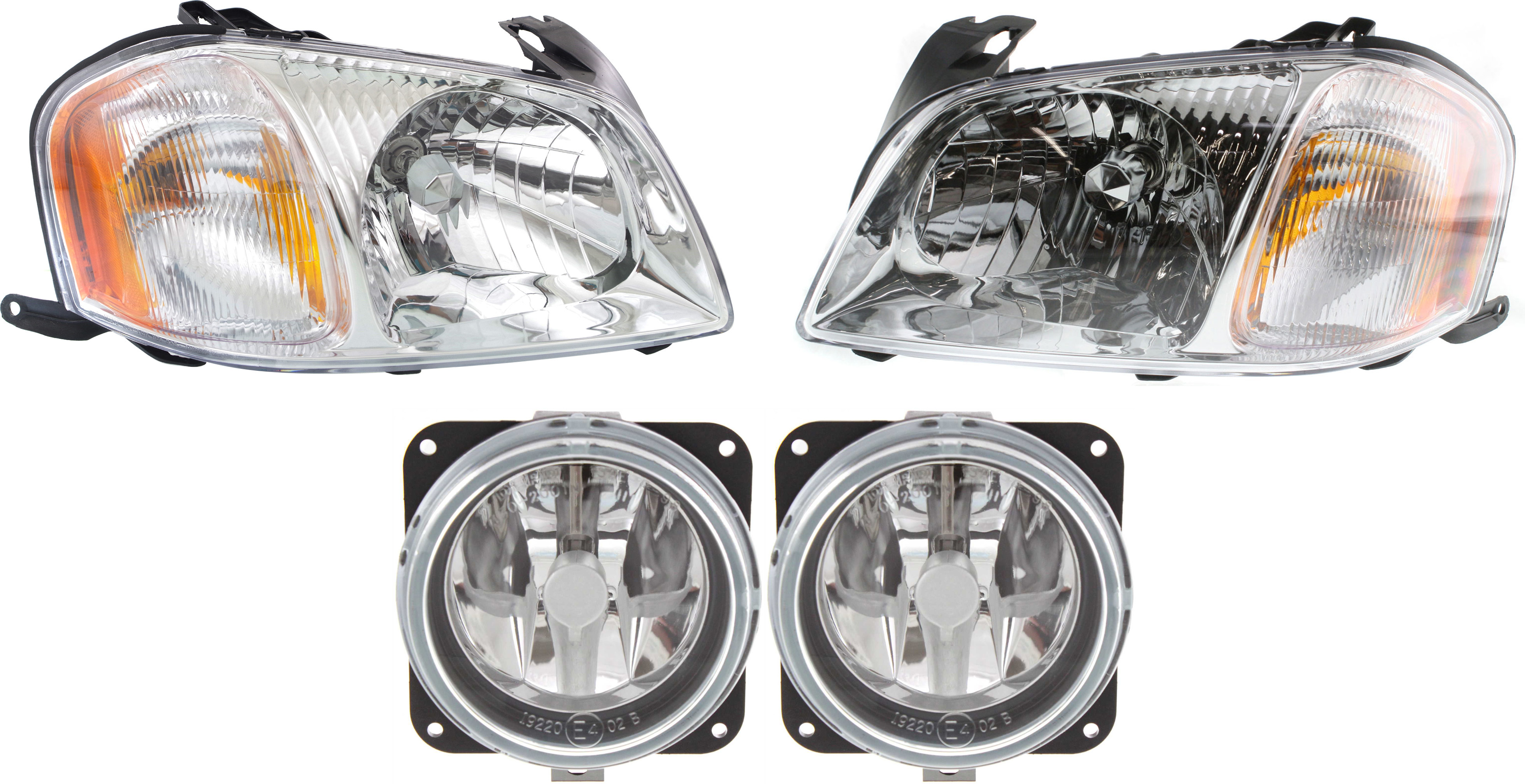 AM TRIBUTE 01-04 HEAD LAMP RH AND LH Assembly Halogen 4 pc Kit with Fog Lights SKU KIT 060617-94 OEM EC0251030 EC0151040L EC0251680