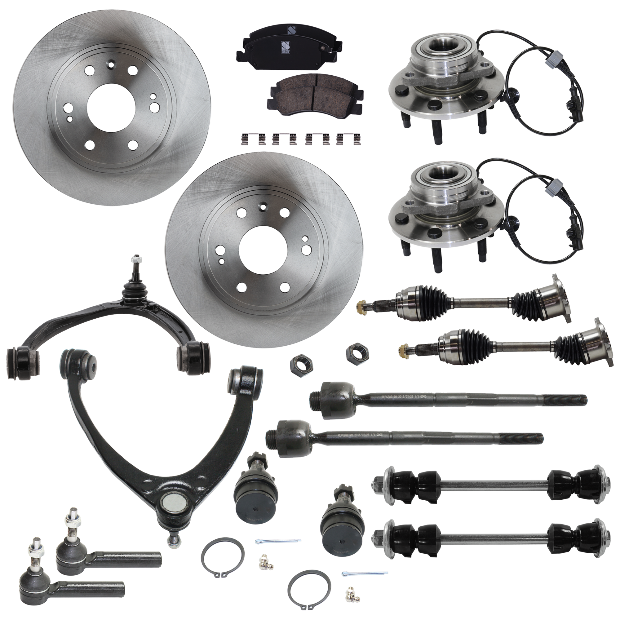 AM SILVERADO SIERRA 1500-07-13 TAHOE 08-14 FRONT SUSPENSION KIT 17 pc kit with Axle Assembly Ball Joint Brake Disc Brake Pad Set Control Arm Sway Bar Link Tie Rod End and Wheel Hub SKU KIT 060624-08 OEM 104327-2601528-5051272-1247