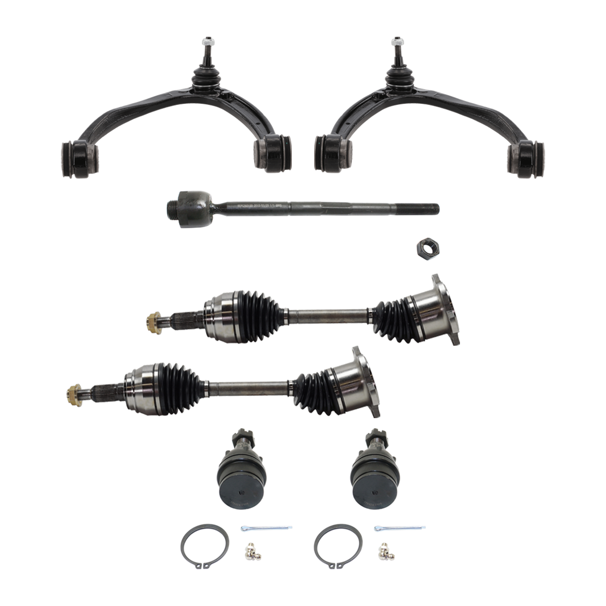AM SILVERADO SIERRA 1500-07-13 TAHOE 08-14 FRONT SUSPENSION KIT 16 pc Kit with Wheel Hub Axle Assembly Control Arm Tie Rod End Ball Joint Sway Bar Link and Steering Rack Boot SKU KIT 060624-12 OEM 104327-2601528-5051272-1247281