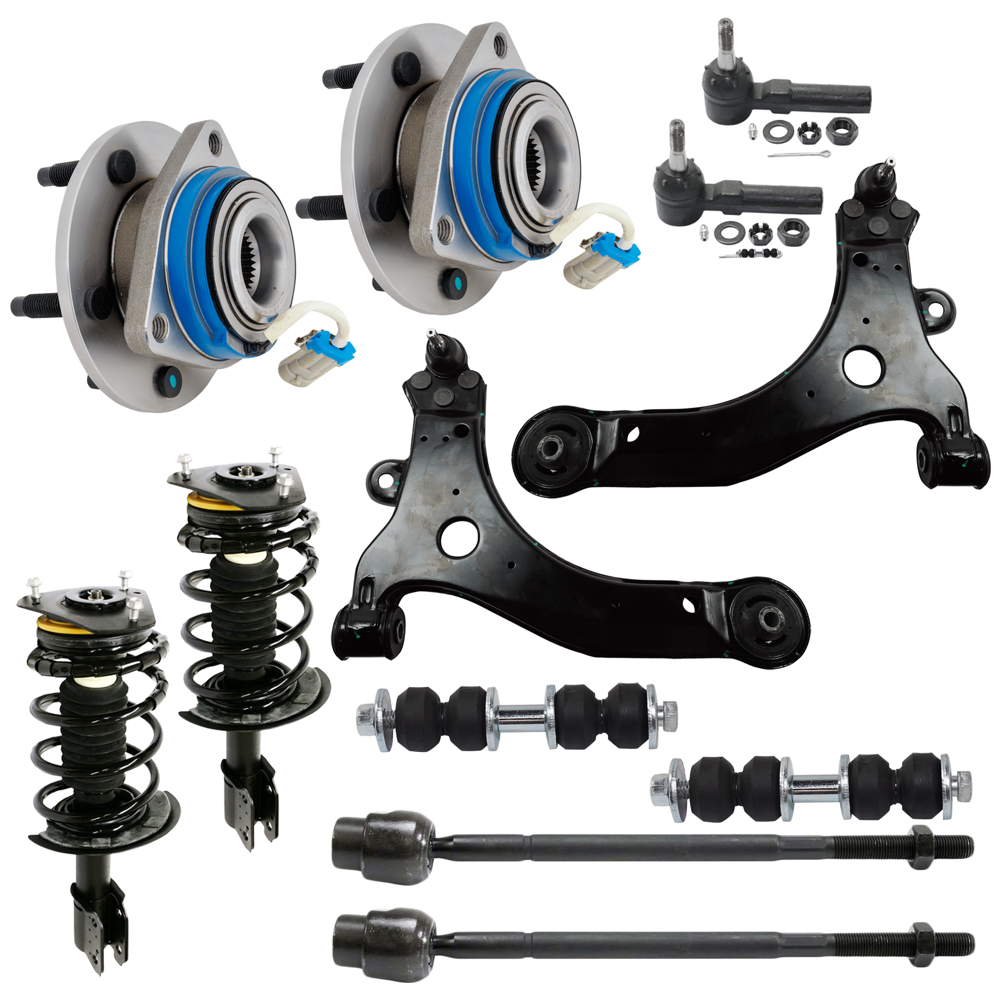 AM CENTURY 97-02 REGAL 97-01 FRONT SUSPENSION KIT RH AND LH 12 pc kit with Control Arm Loaded Strut Sway Bar Link Tie Rod End and Wheel Hub SKU KIT 060624-20 OEM 10344930-10420754-10344931