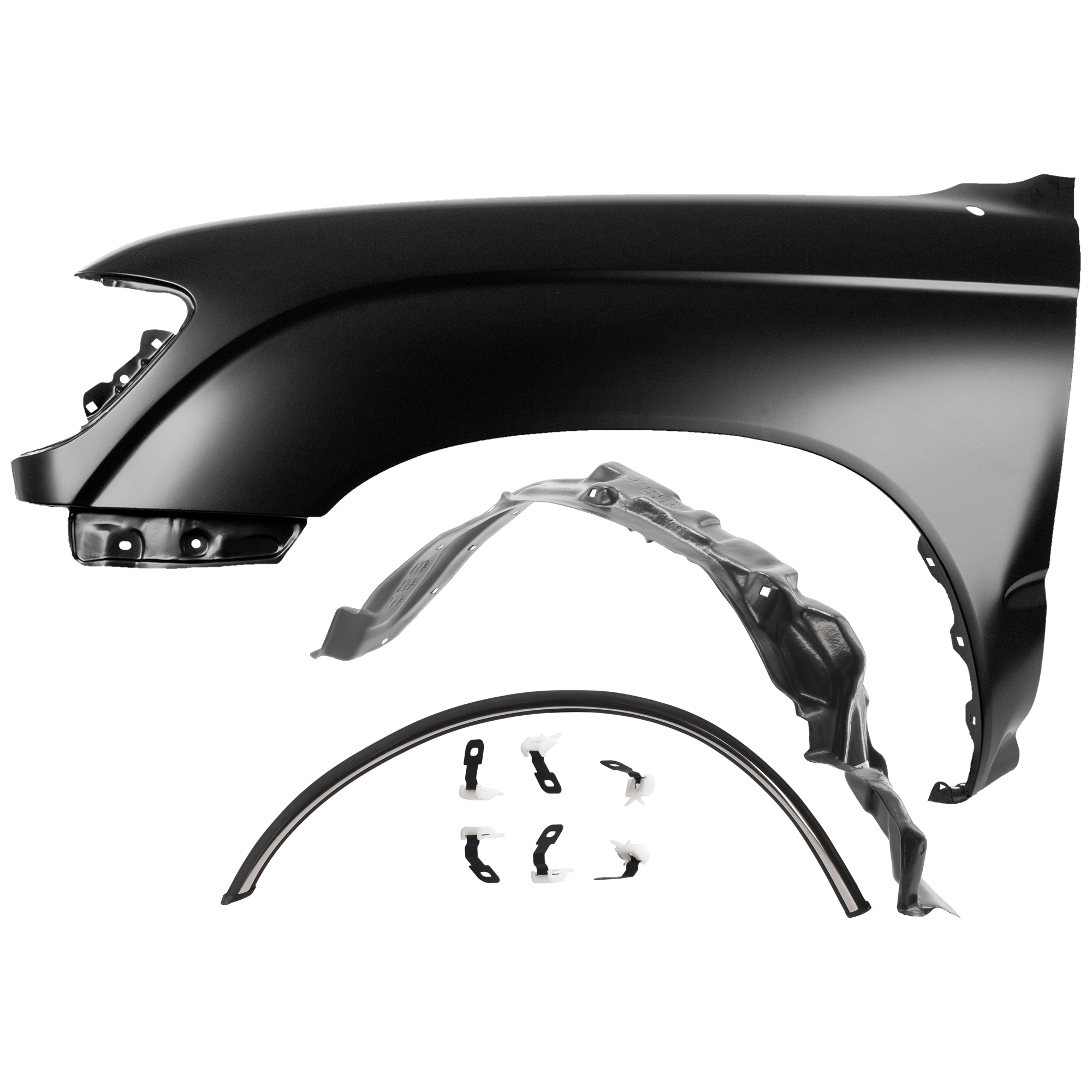 AM TACOMA 95-00 FRONT FENDER LH 3 pc Kit Primed RWD w o Pre Runner Model with Fender Flares and Fender Liner SKU KIT 060626-49 Partslink TO1240158 TO1290103 TO1248111 OEM 5381204061-7508635010-53876040