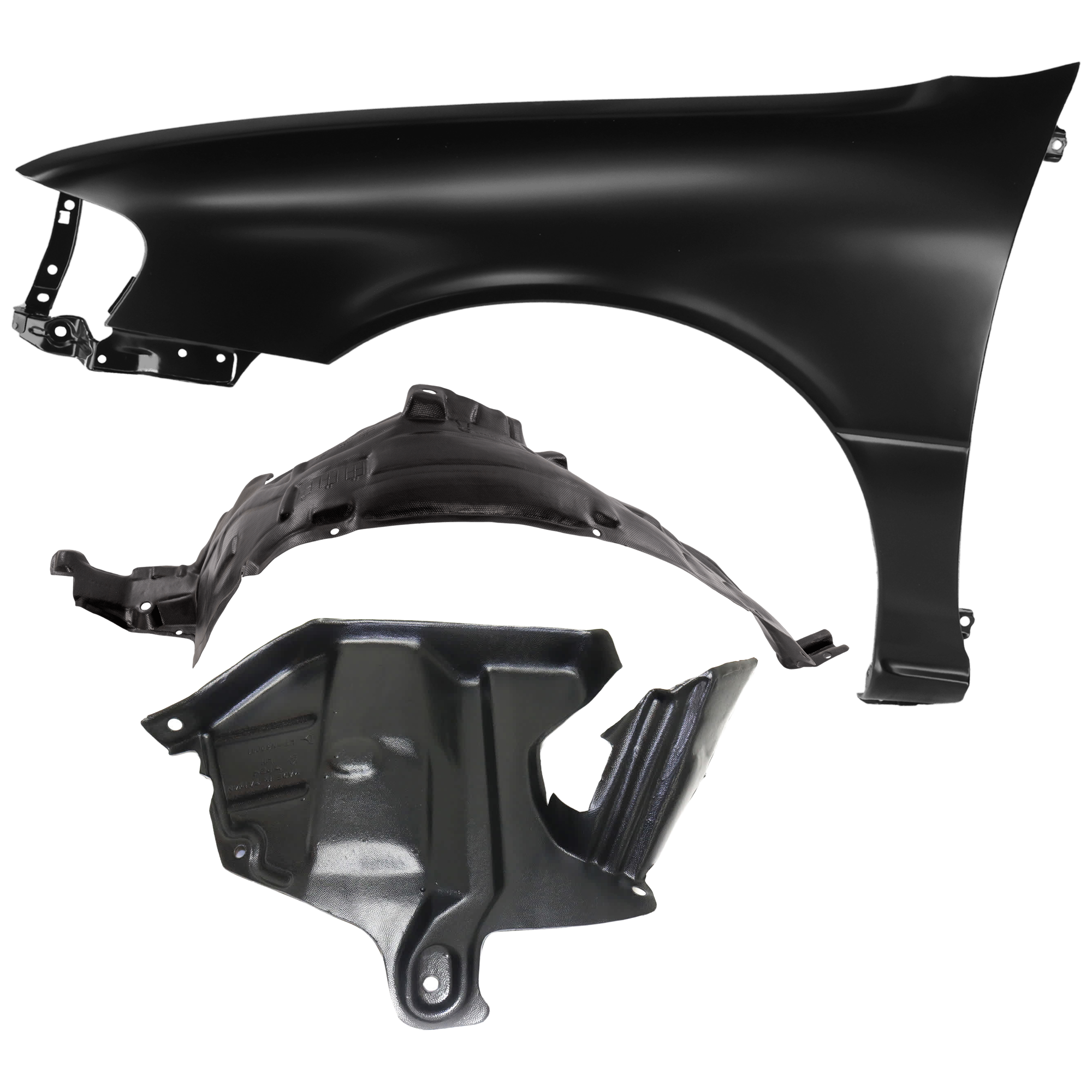 AM SENTRA 95-98 FRONT FENDER LH 3 pc Kit Primed with Engine Splash Shield and Fender Liner SKU KIT 060626-53 Partslink NI1240156 NI1228101 NI1250101 OEM F31018B730-648391M200-638431M2