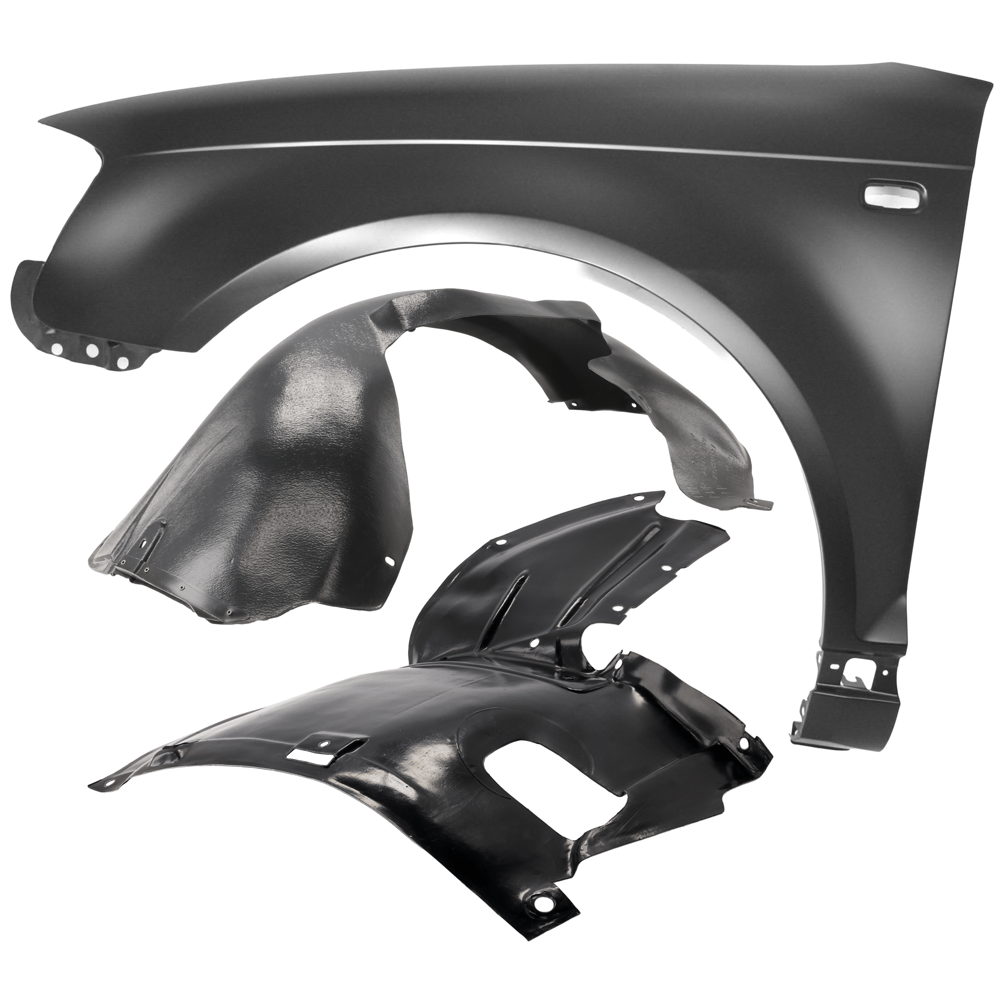 AM A3-06-08 FRONT FENDER LH 3 pc Kit Primed with Fender Liner SKU KIT 060626-55 Partslink AU1240120 AU1250102 AU1250101 OEM 8P0821105F 8P0821171G 8P082119